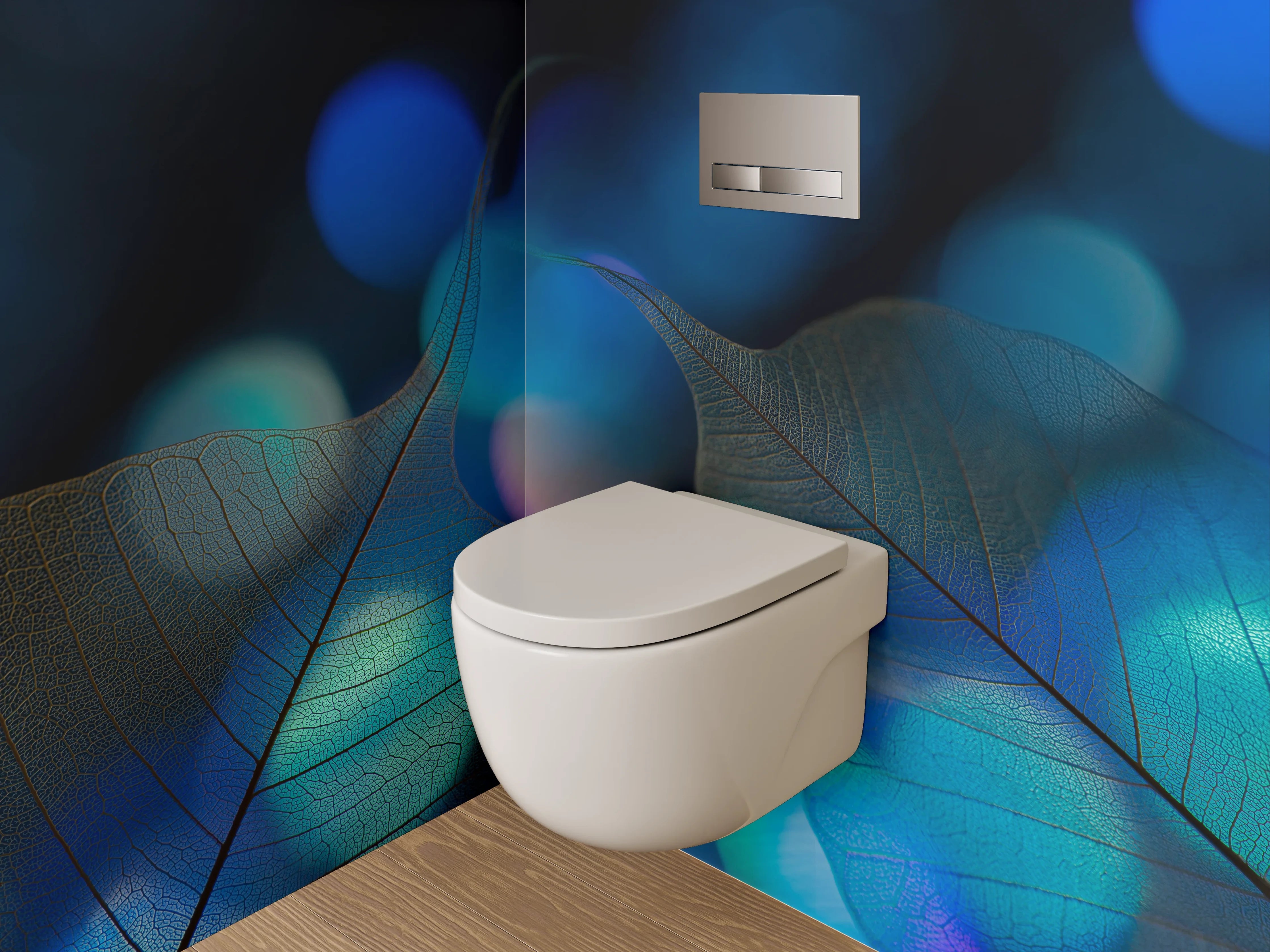 WC-Rückwand - Blätter und Bokeh in Blau – Modernes Design
