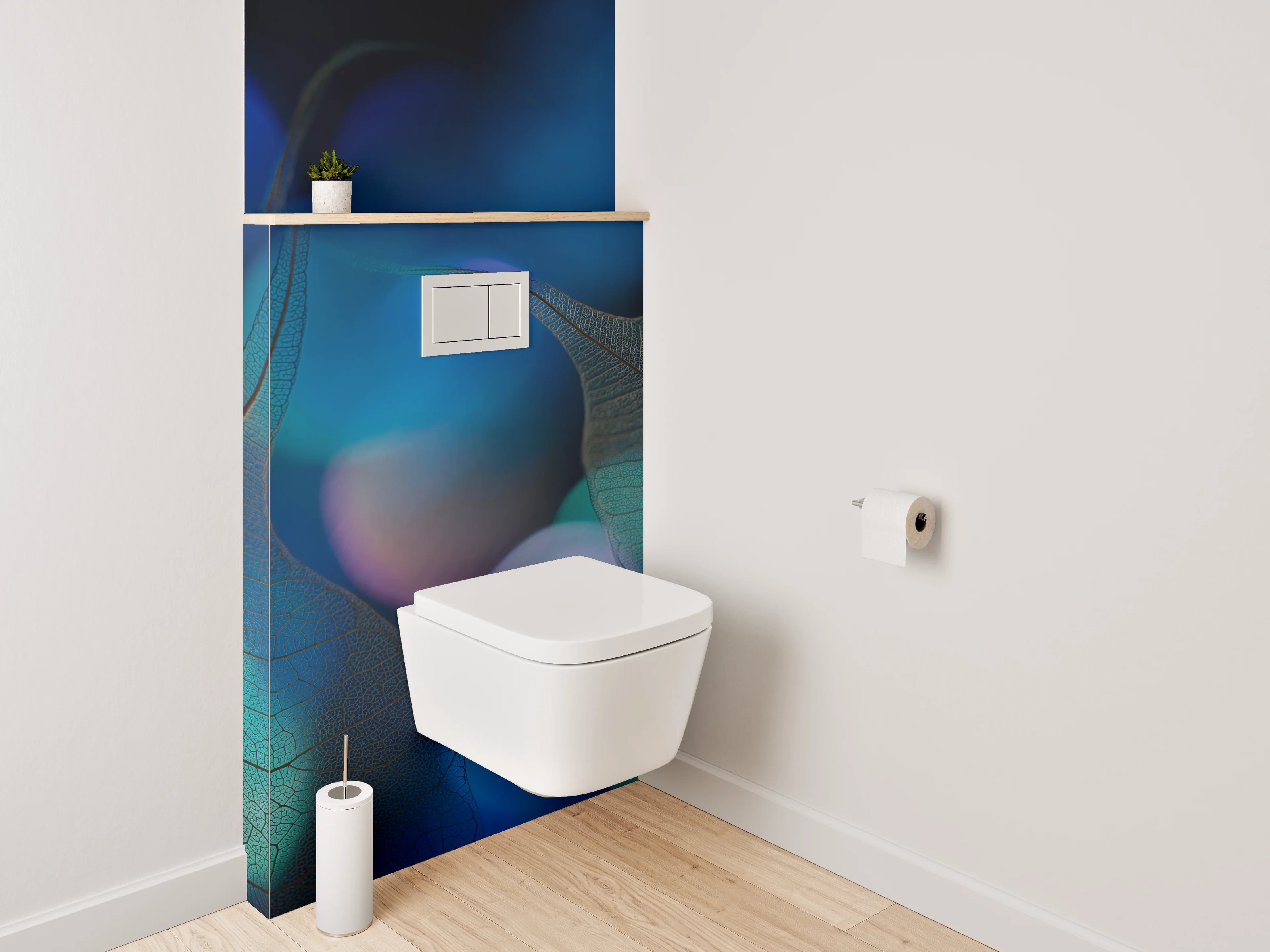 WC-Rückwand - Blätter und Bokeh in Blau – Modernes Design