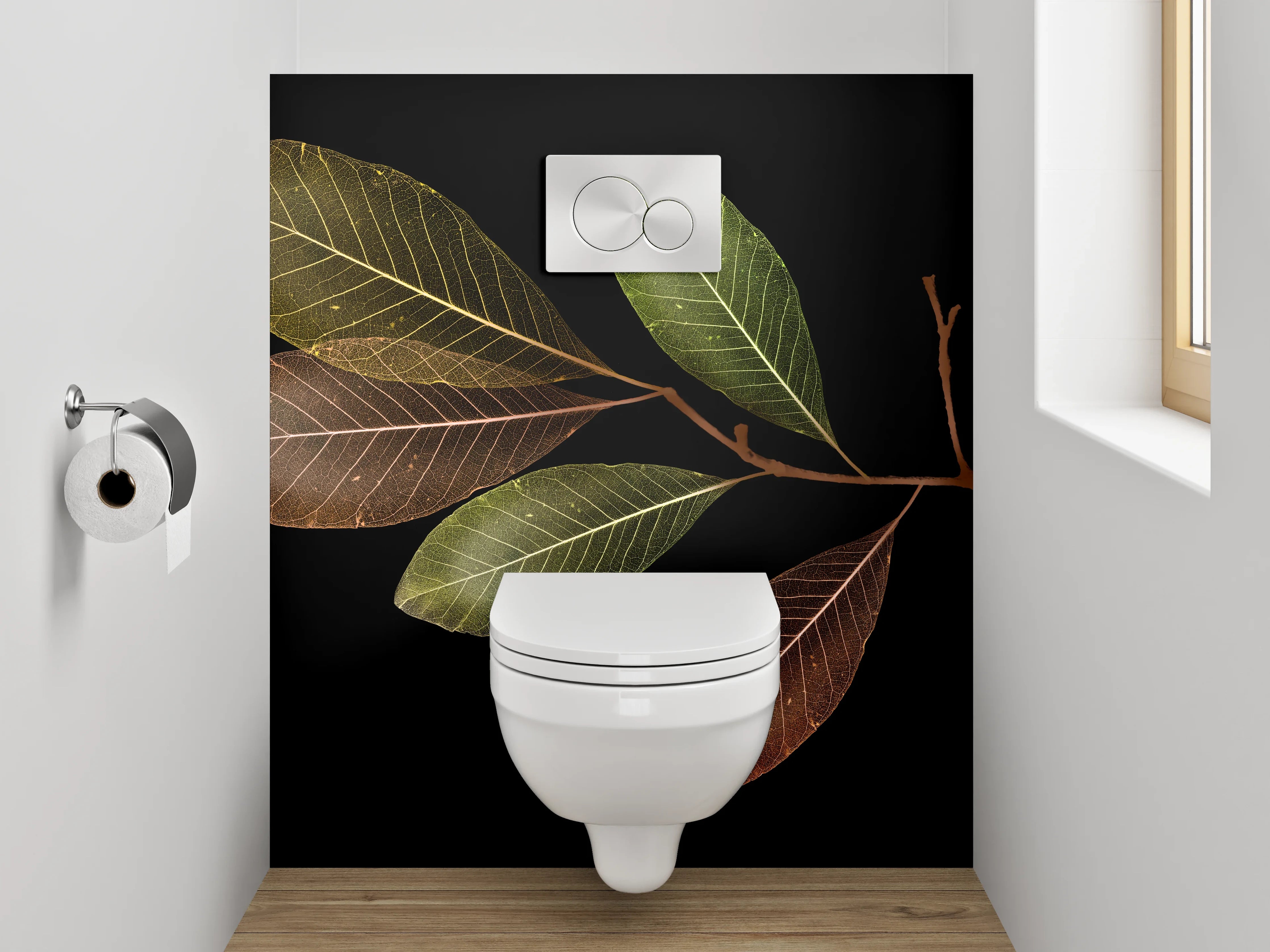 WC-Rückwand - Blätterzweig auf Schwarz Naturdekor