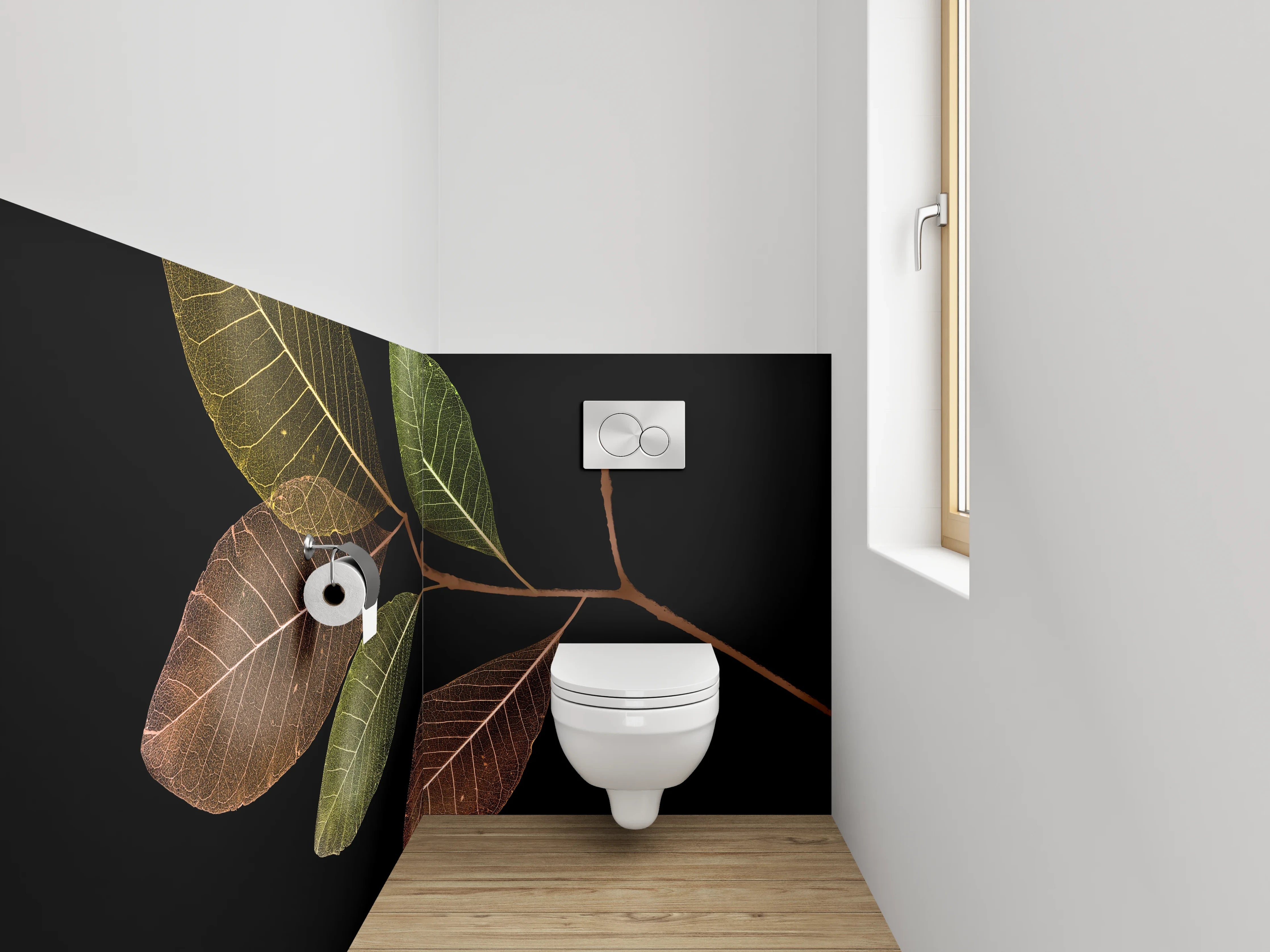 WC-Rückwand - Blätterzweig auf Schwarz Naturdekor