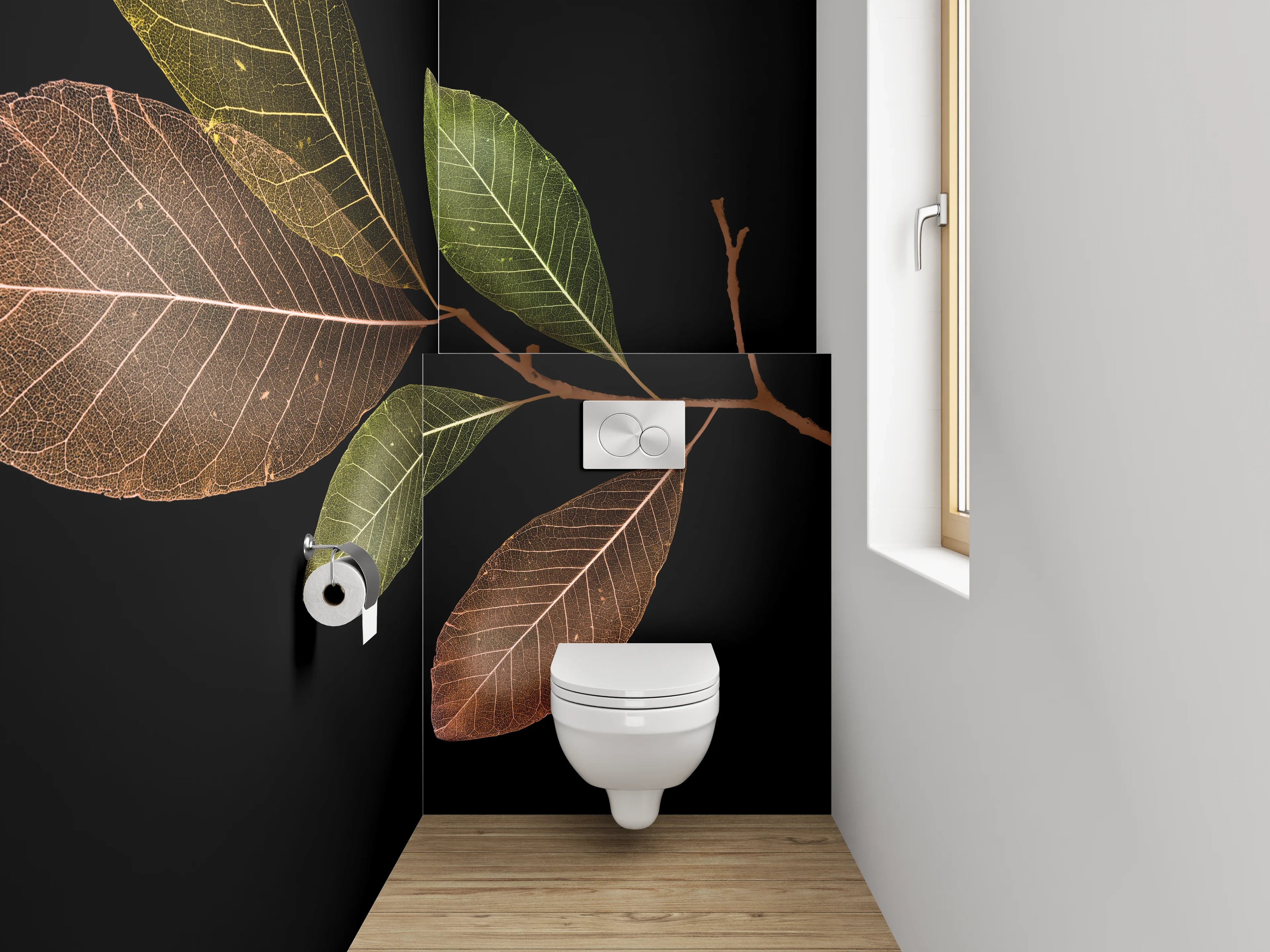 WC-Rückwand - Blätterzweig auf Schwarz Naturdekor