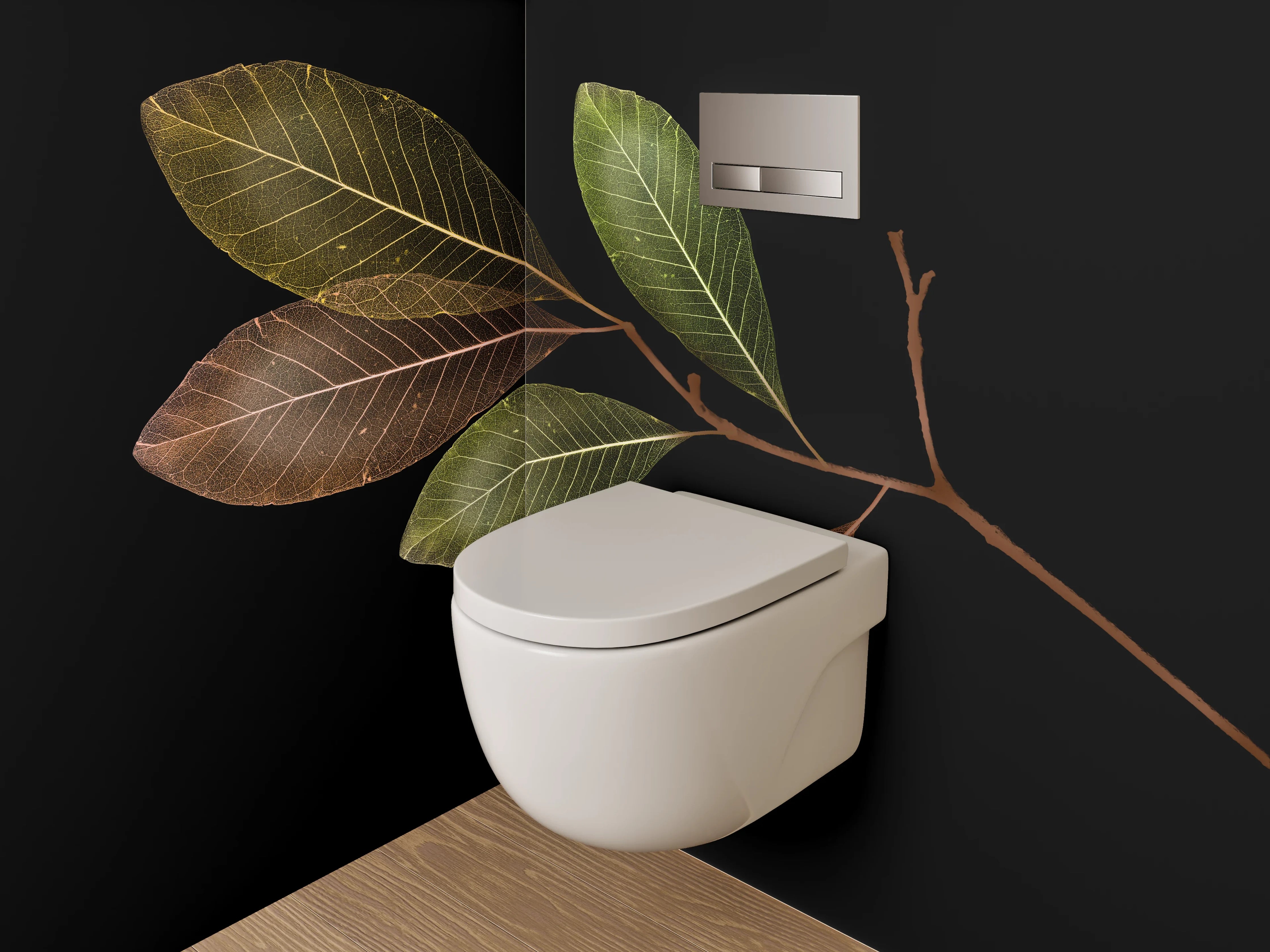 WC-Rückwand - Blätterzweig auf Schwarz Naturdekor