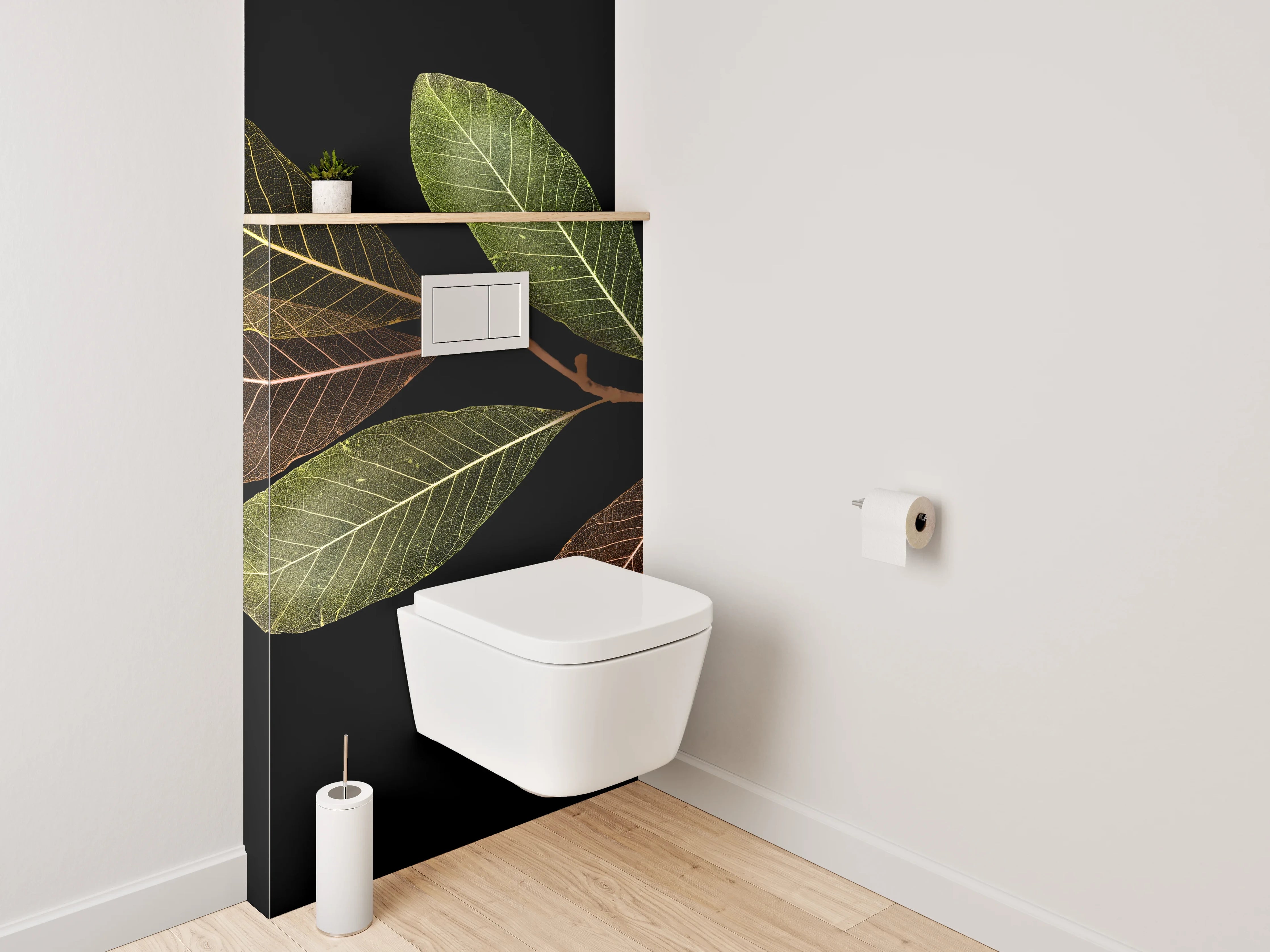 WC-Rückwand - Blätterzweig auf Schwarz Naturdekor