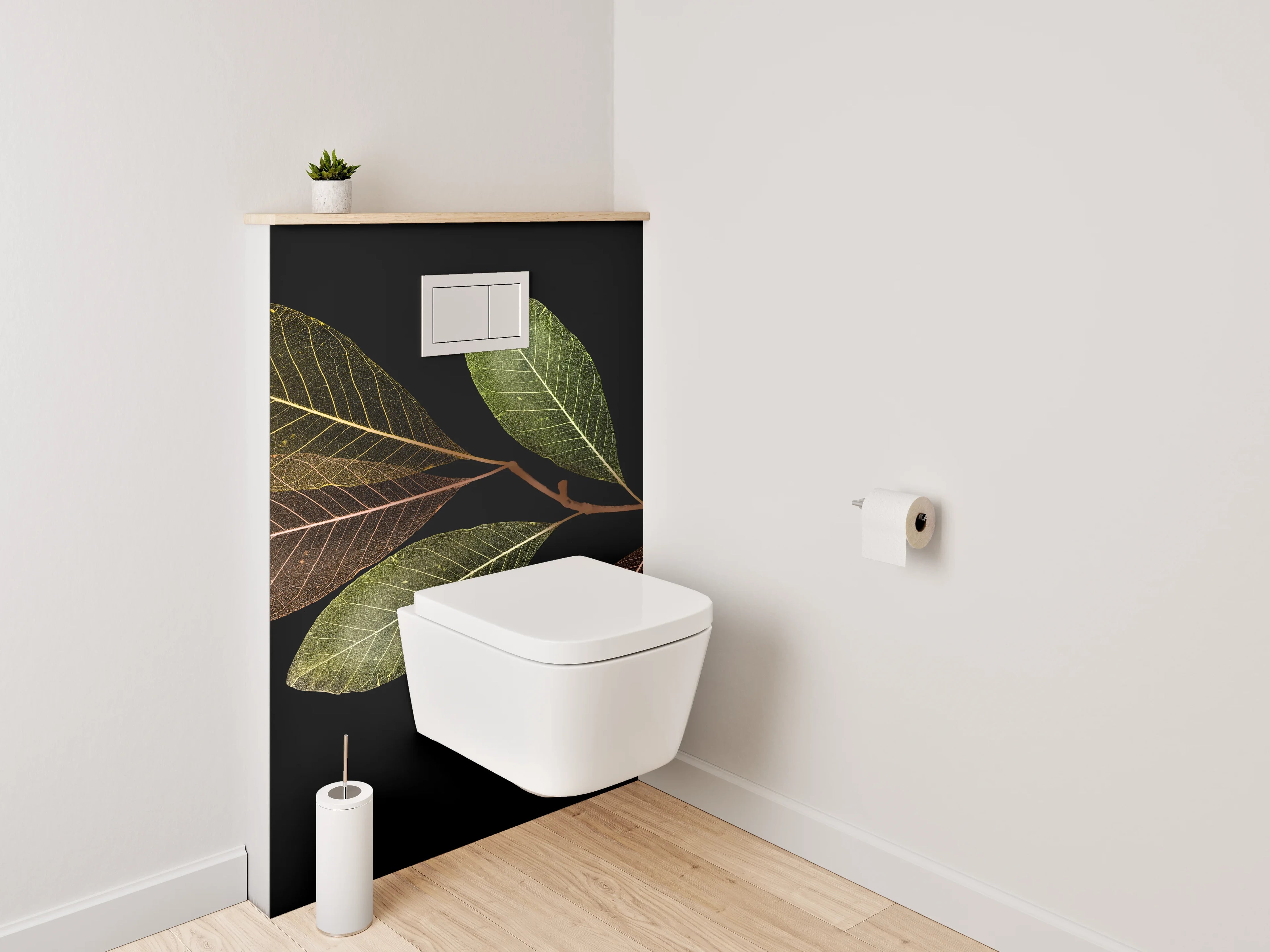 WC-Rückwand - Blätterzweig auf Schwarz Naturdekor