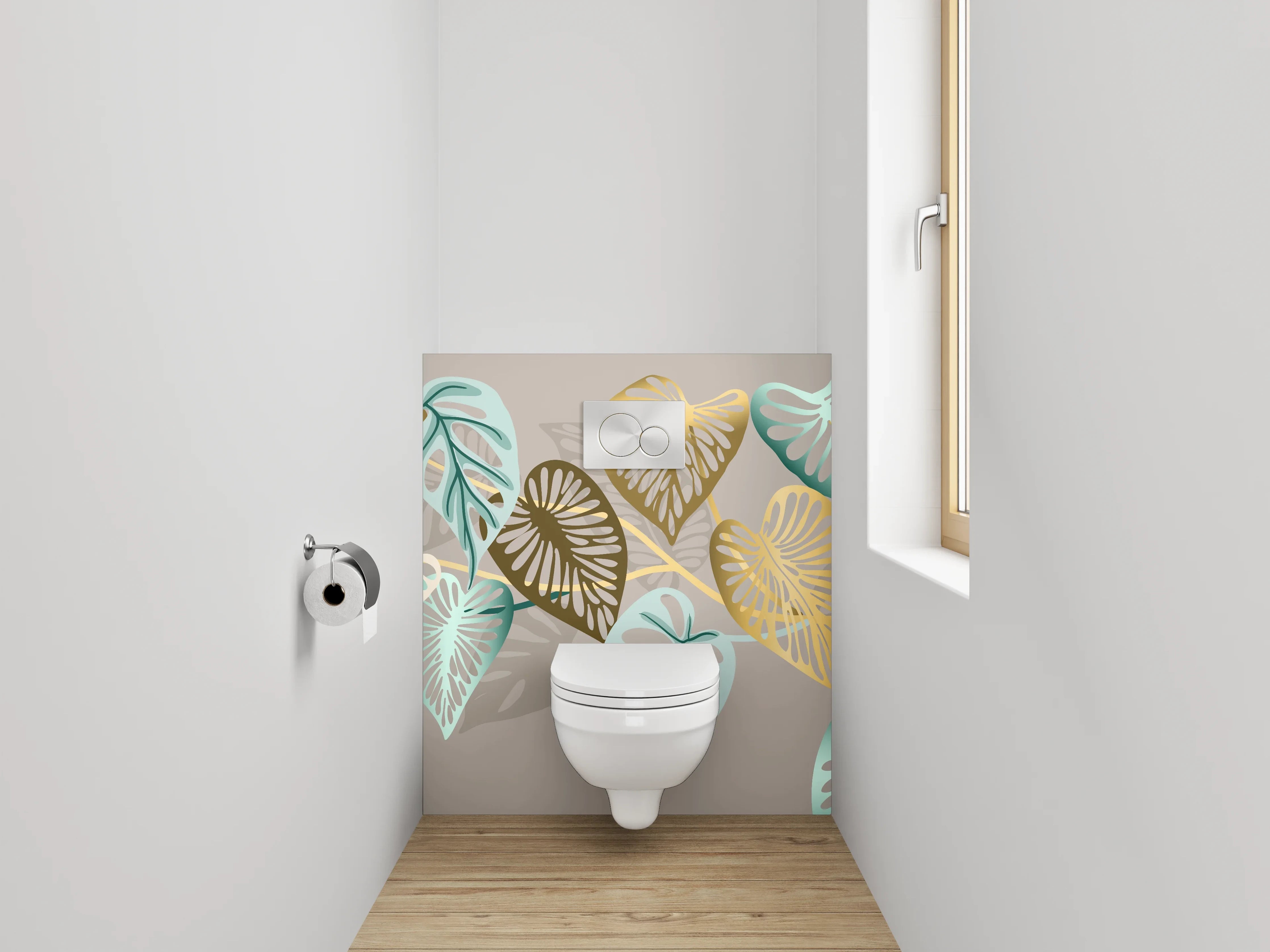 WC-Rückwand - Blattmuster Gold Türkis Beige