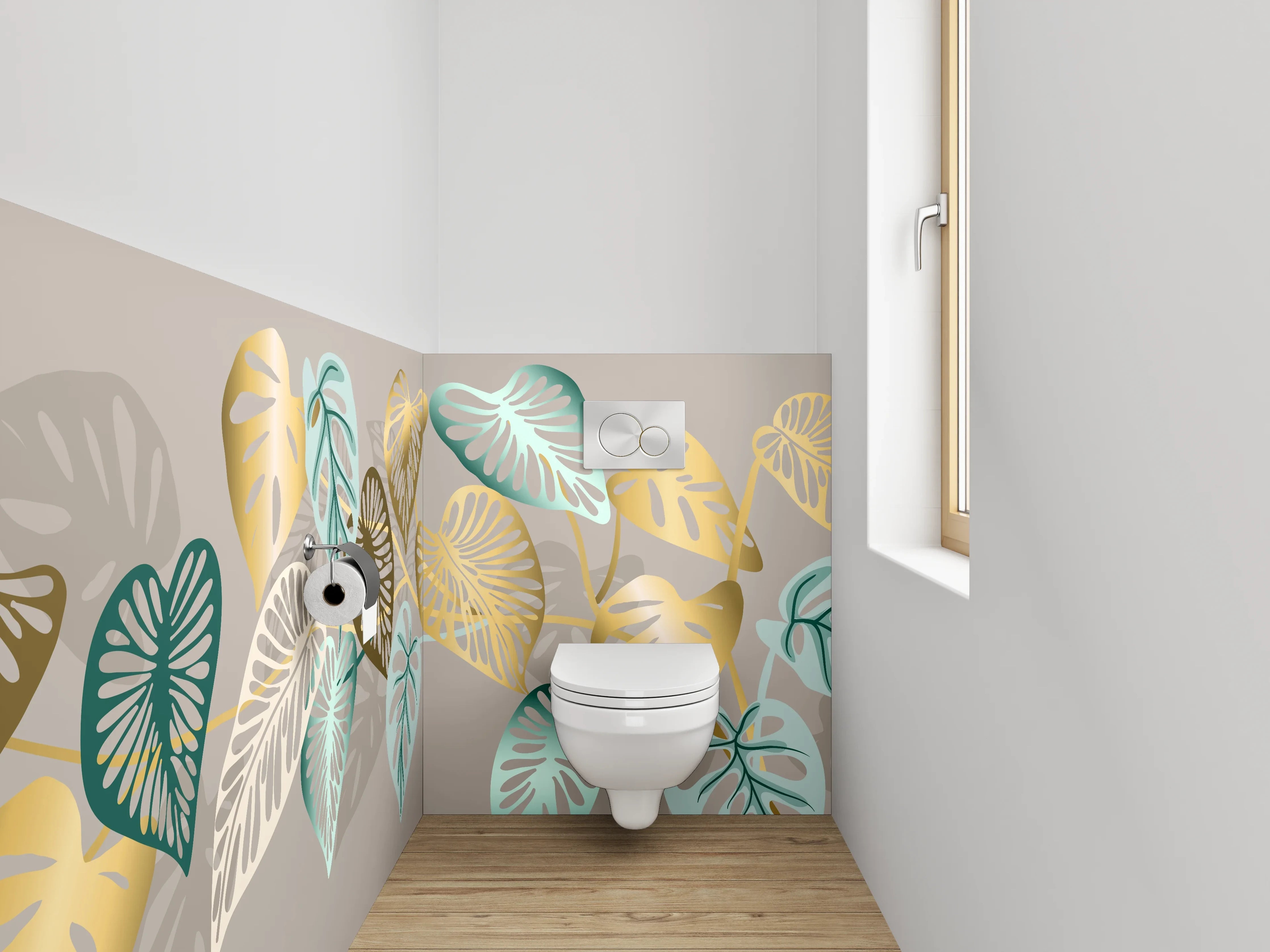 WC-Rückwand - Blattmuster Gold Türkis Beige