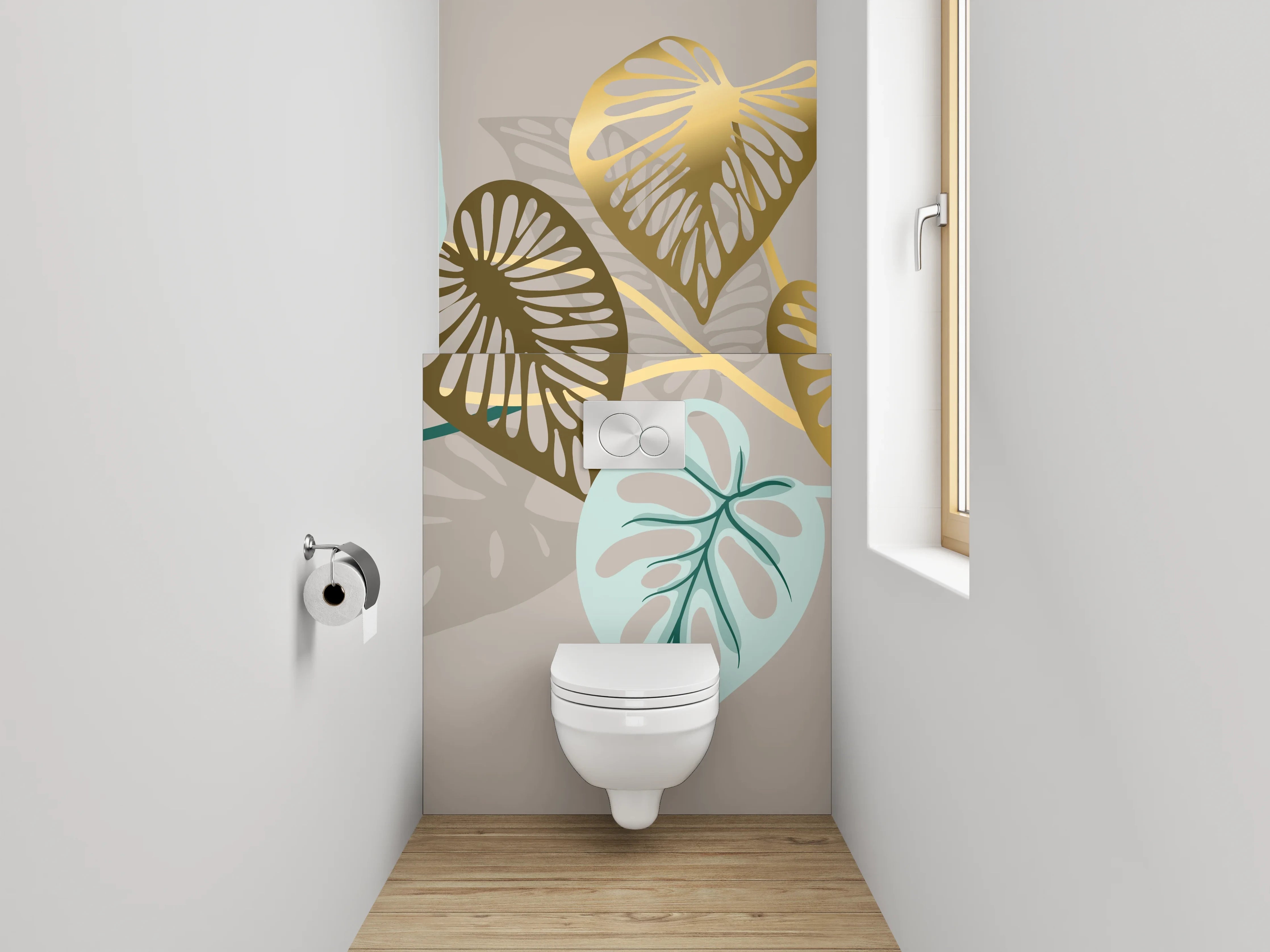WC-Rückwand - Blattmuster Gold Türkis Beige