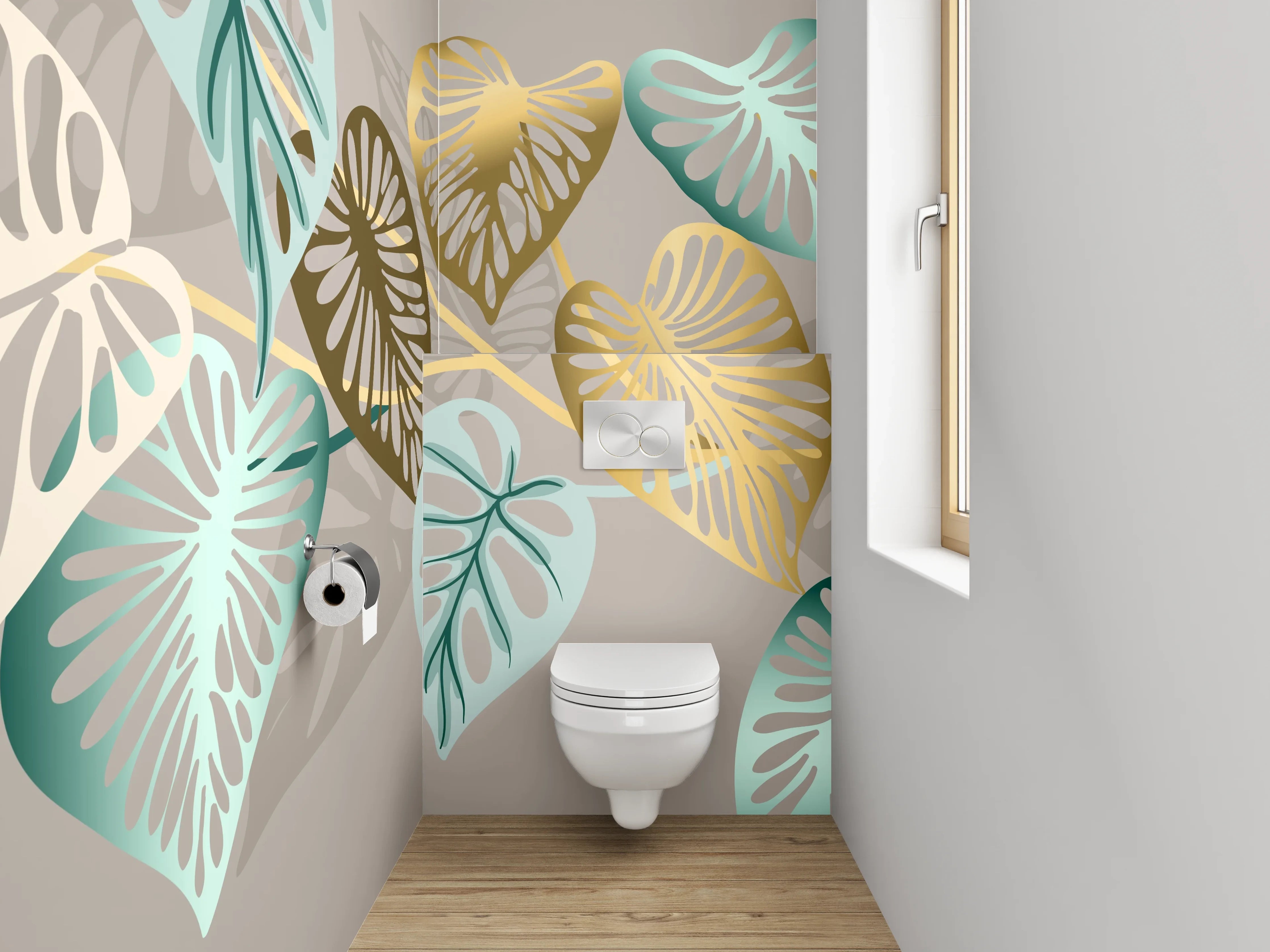 WC-Rückwand - Blattmuster Gold Türkis Beige