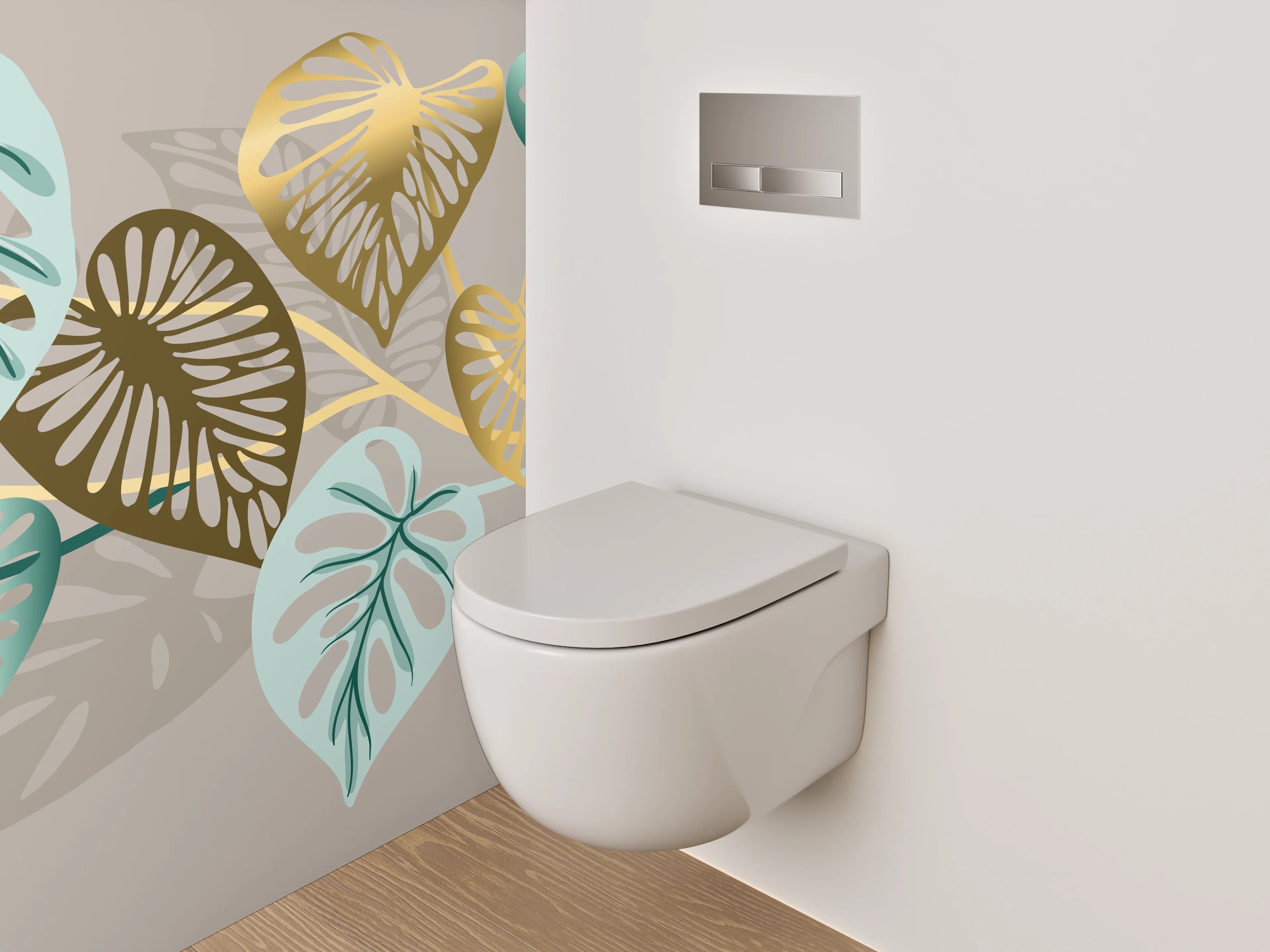 WC-Rückwand - Blattmuster Gold Türkis Beige