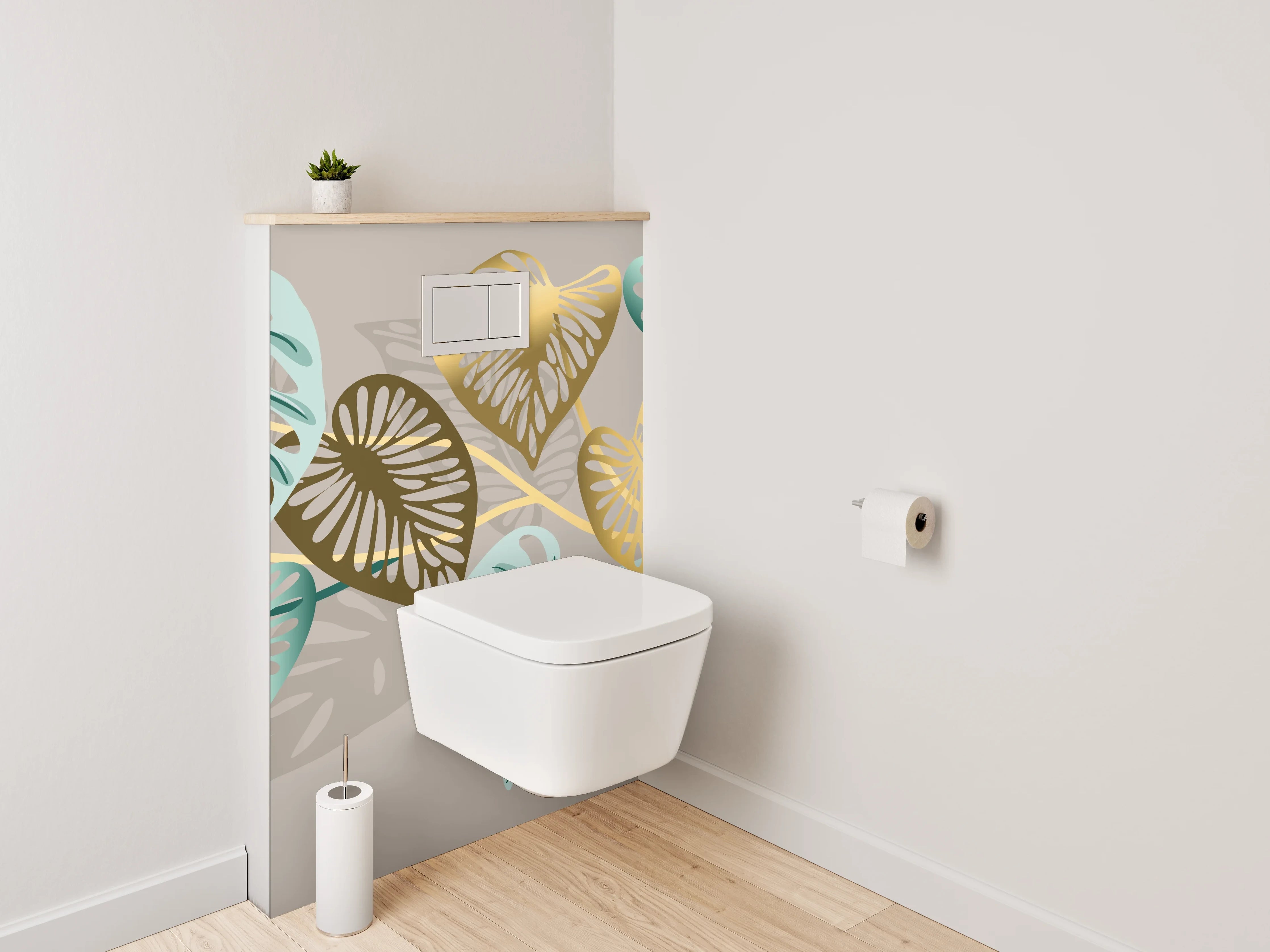 WC-Rückwand - Blattmuster Gold Türkis Beige