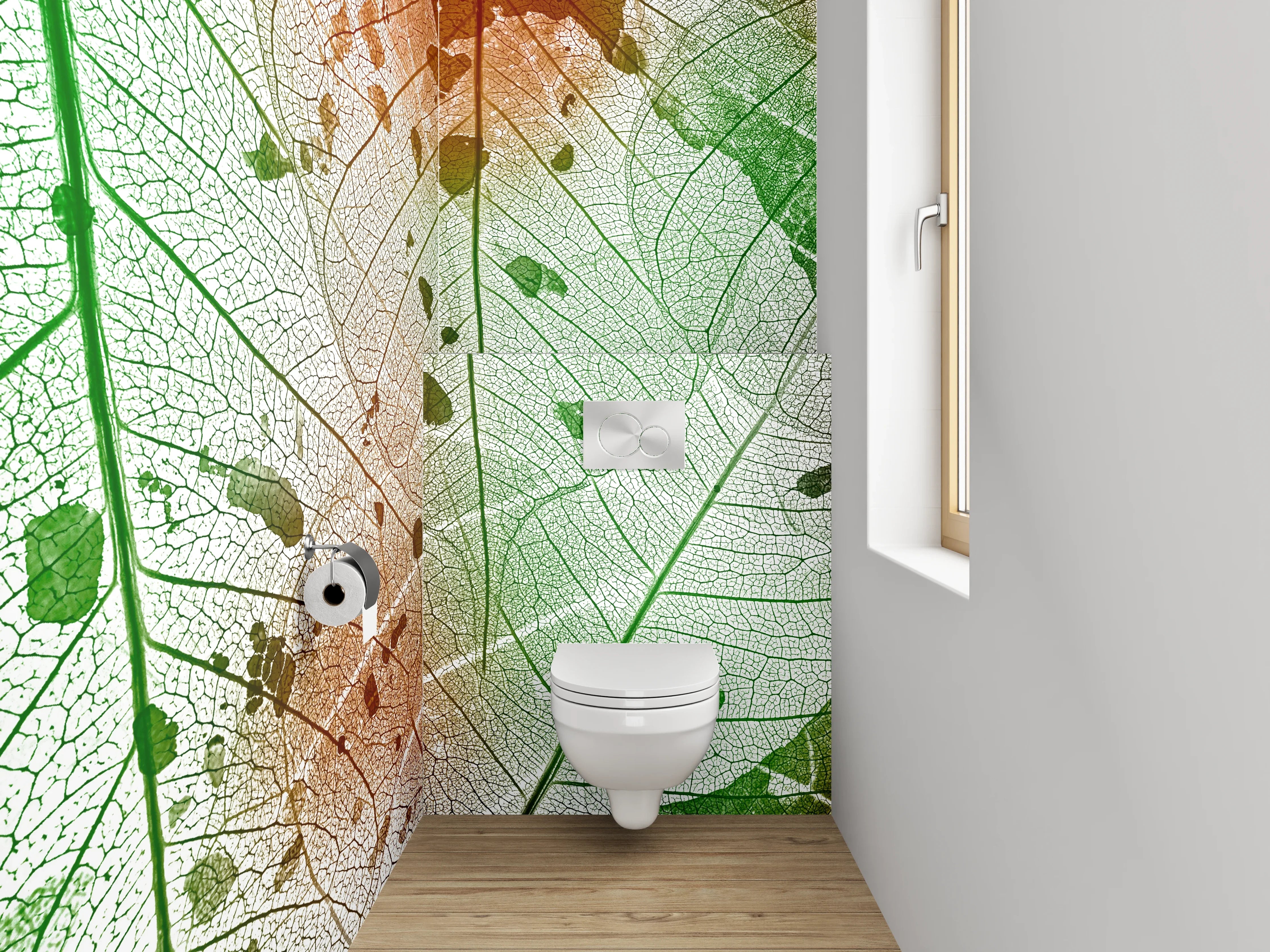 WC-Rückwand - Blattstruktur in Grün-Orange-Aquarell