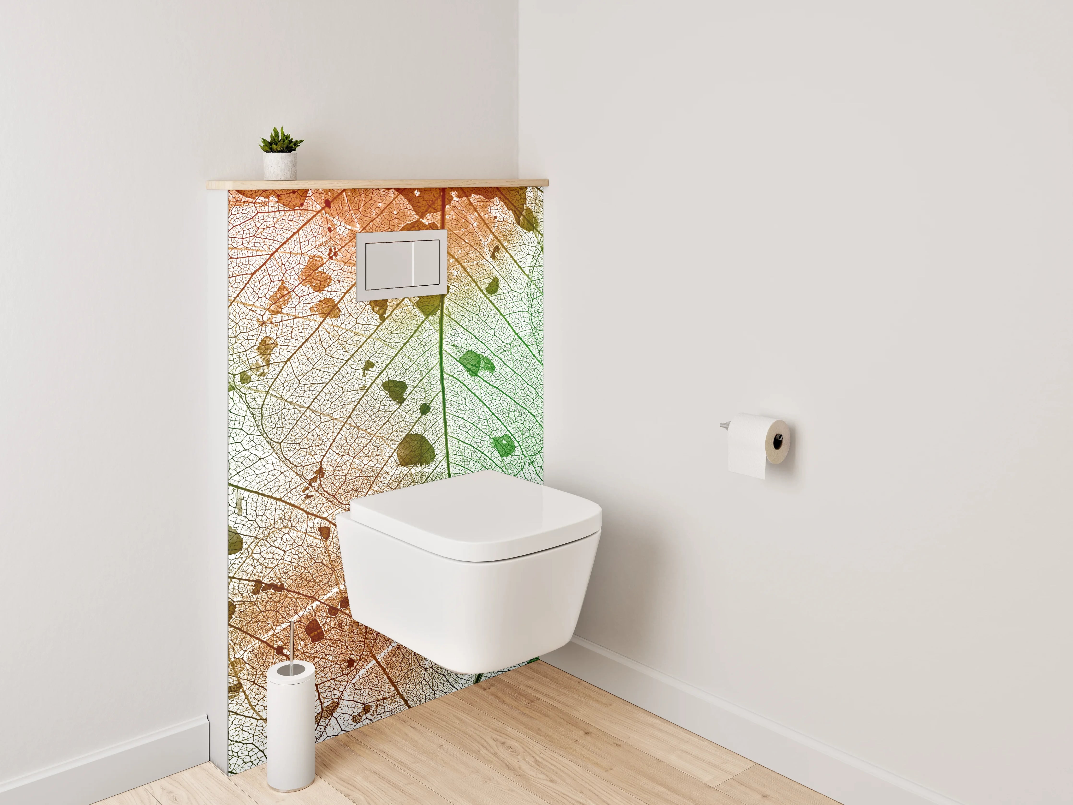 WC-Rückwand - Blattstruktur in Grün-Orange-Aquarell