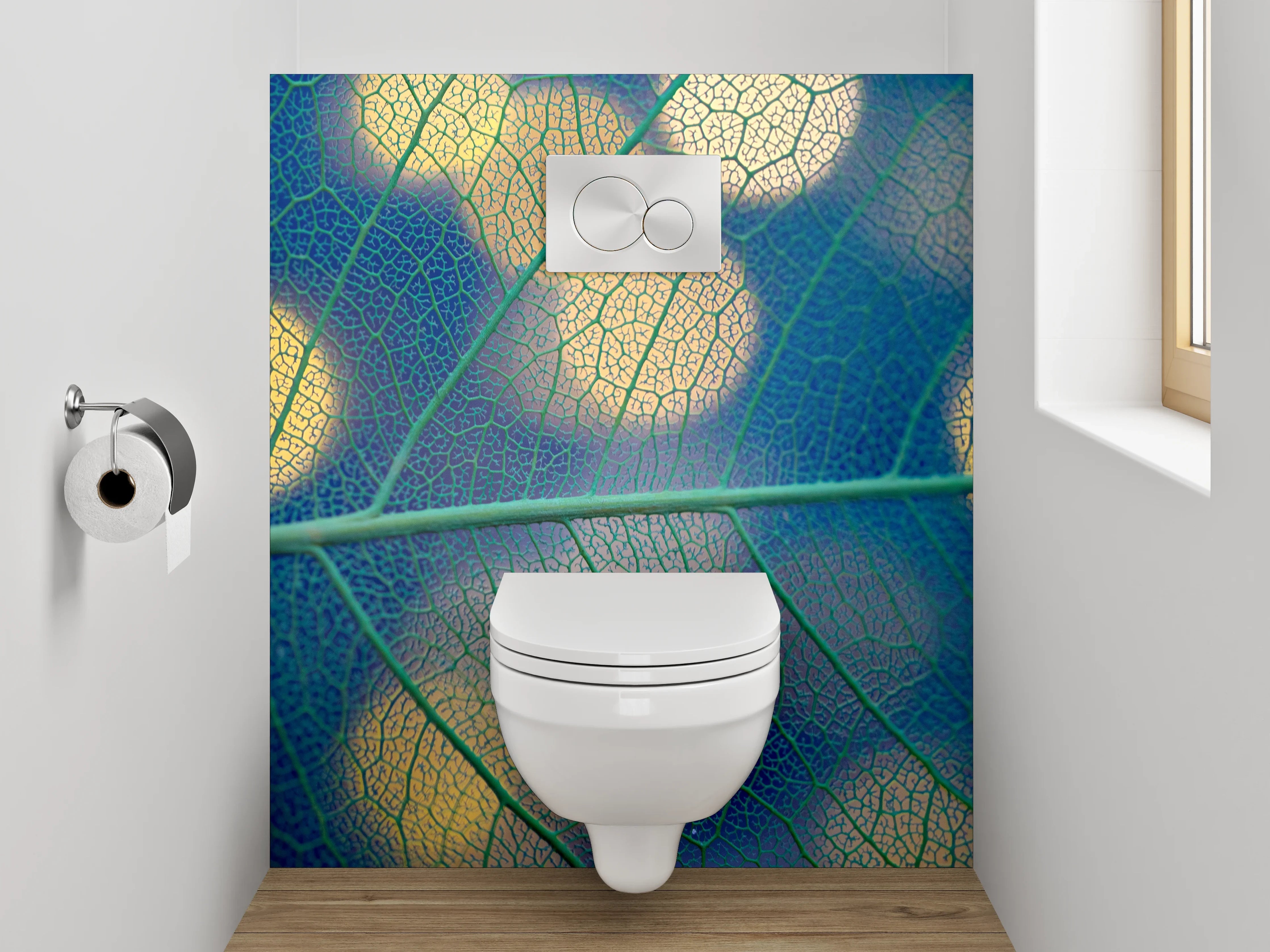 WC-Rückwand - Blattstruktur mit Bokeh-Lichtern