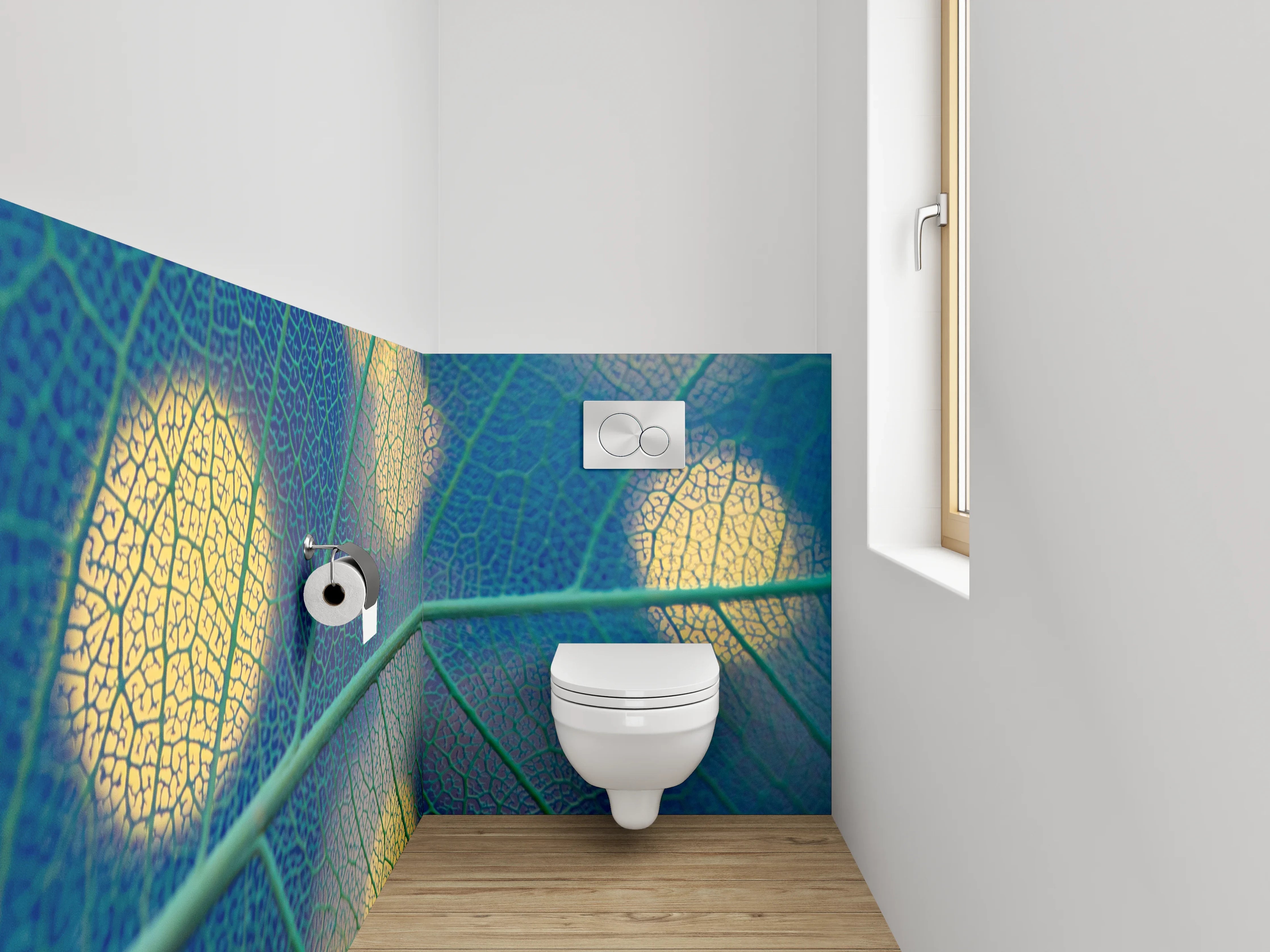 WC-Rückwand - Blattstruktur mit Bokeh-Lichtern