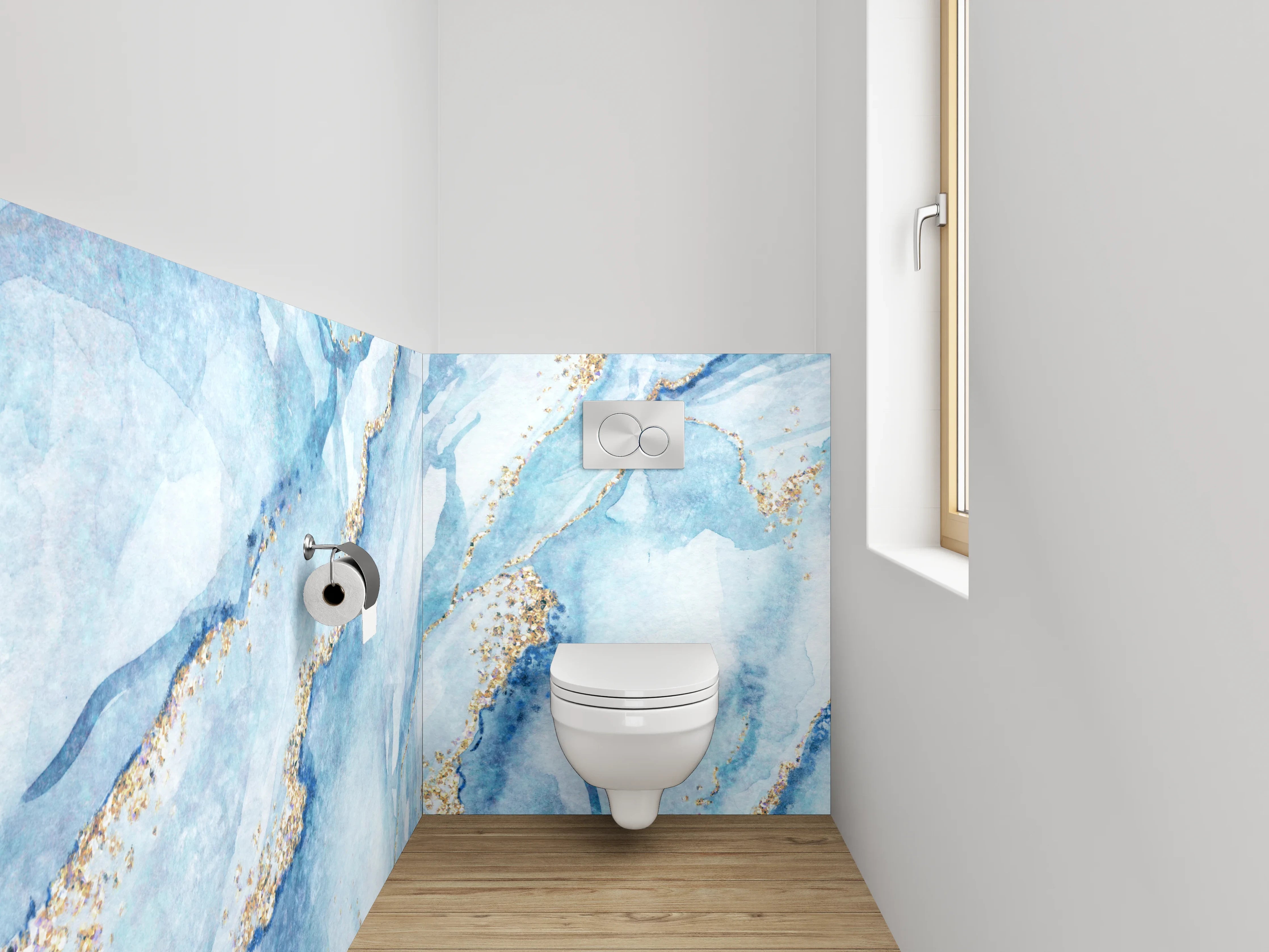 WC-Rückwand - Blau-Gold Aquarell Marmoroptik