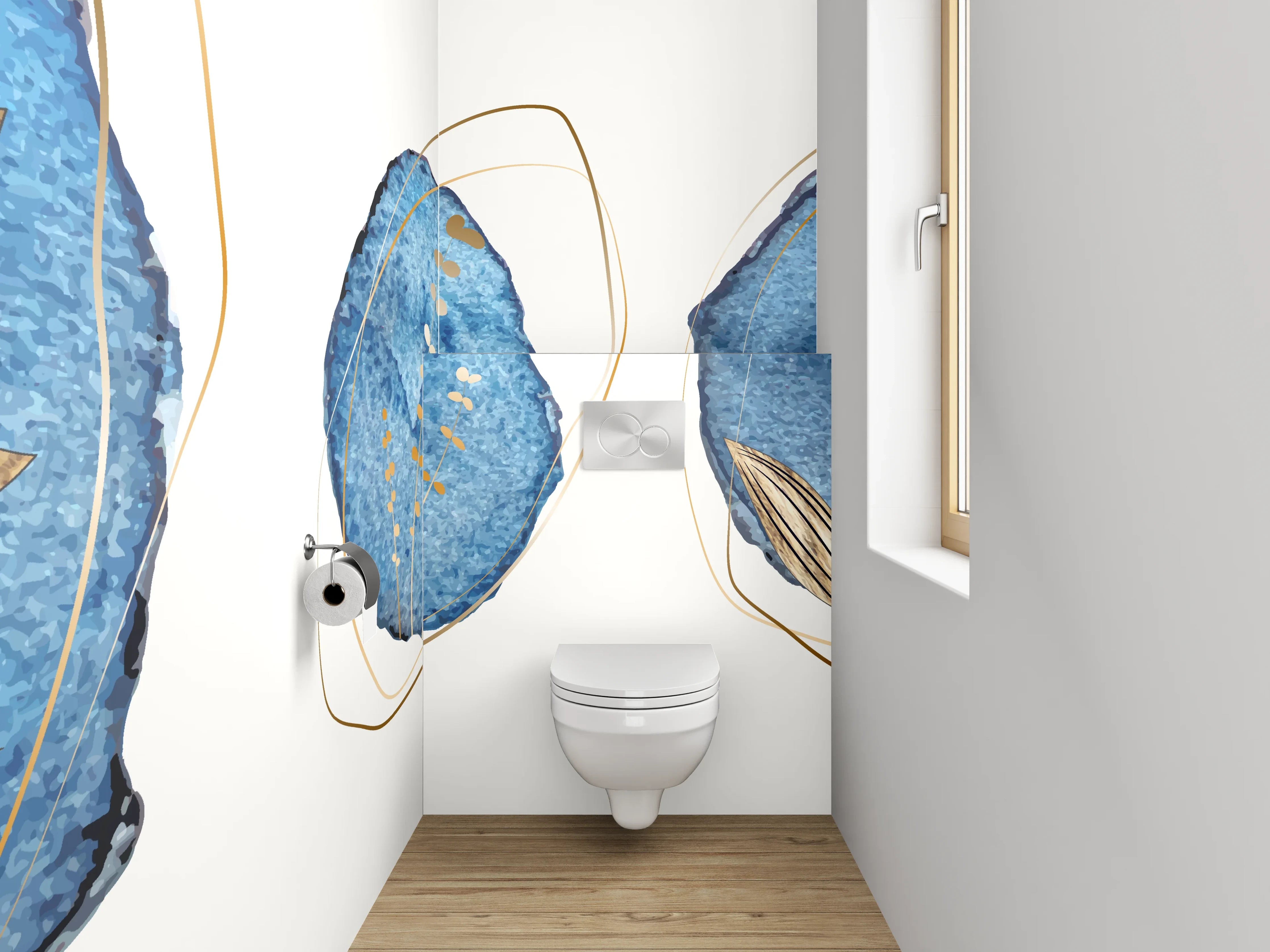 WC-Rückwand - Blau-Goldene Aquarell-Blätter Abstract