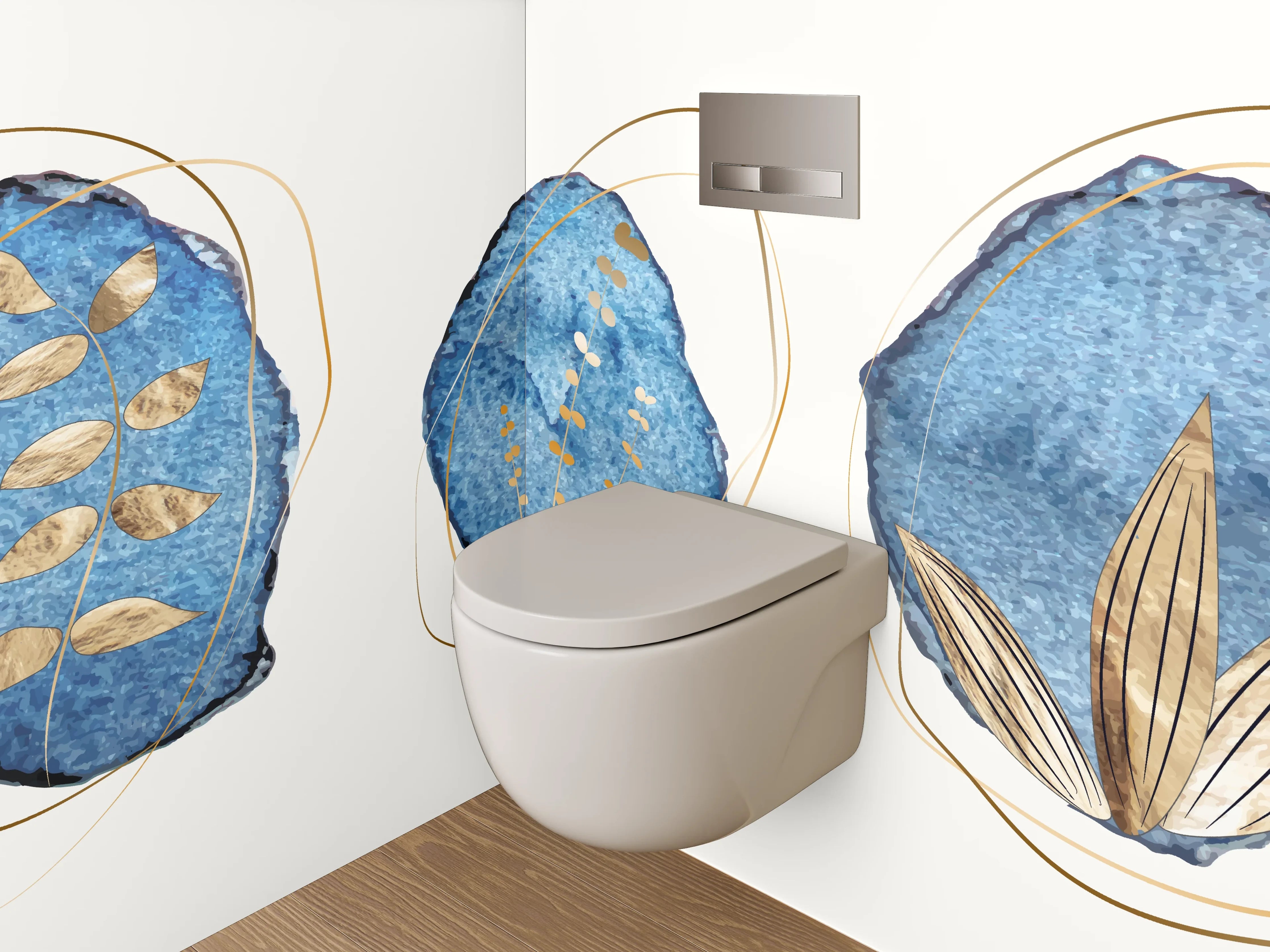 WC-Rückwand - Blau-Goldene Aquarell-Blätter Abstract