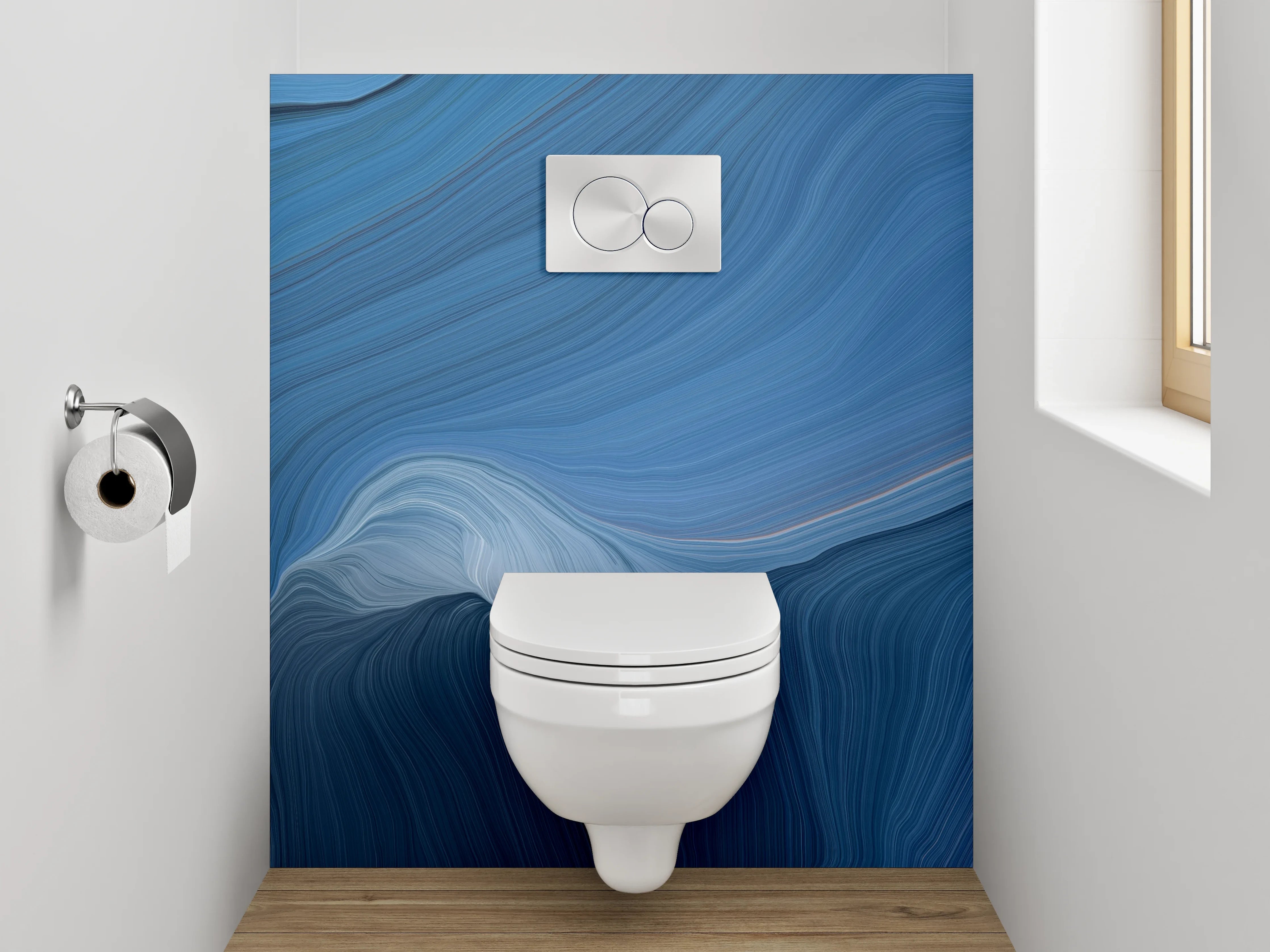 WC-Rückwand - Blau-Graue Marmorschleier auf Weiß
