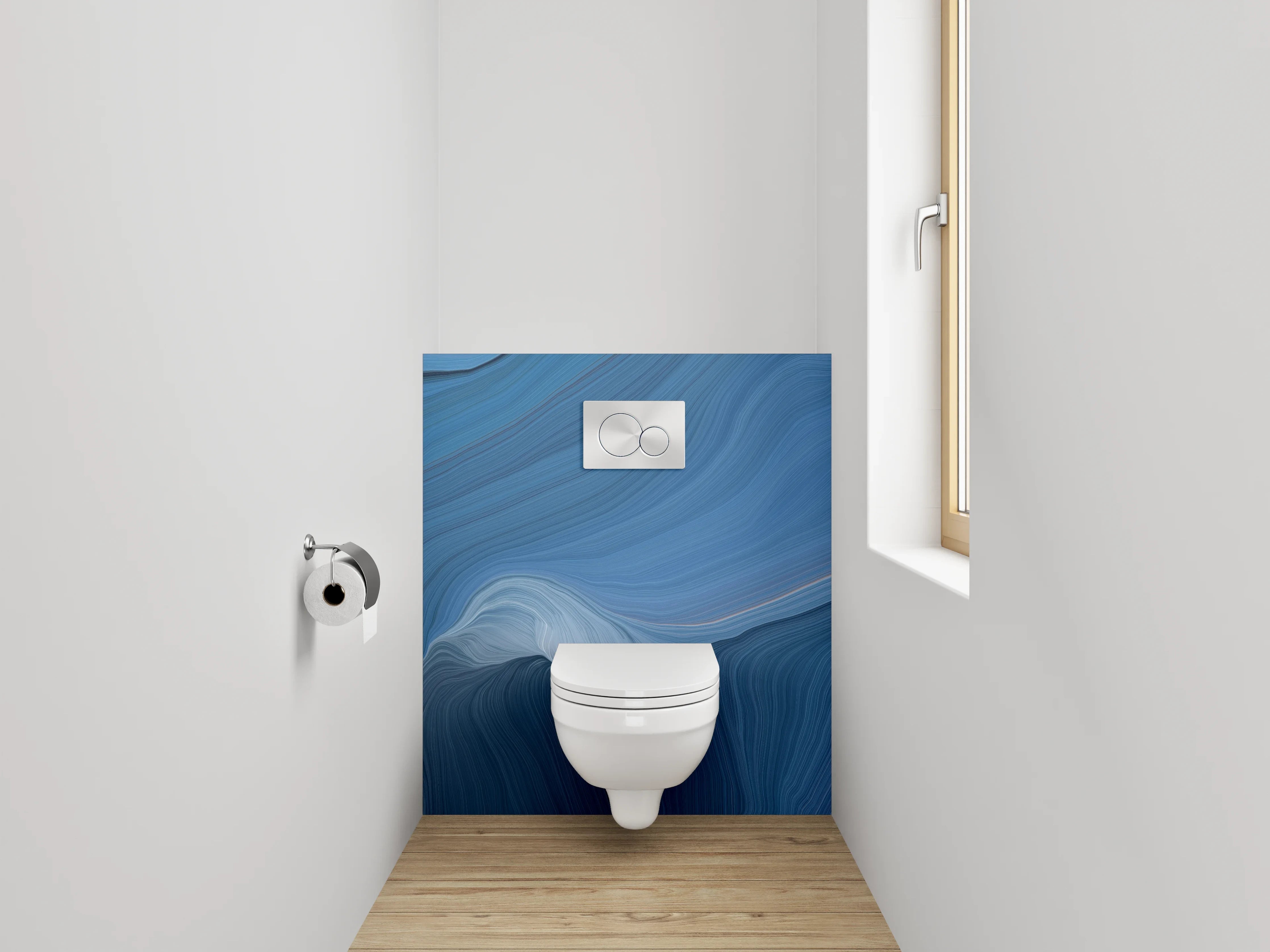 WC-Rückwand - Blau-Graue Marmorschleier auf Weiß