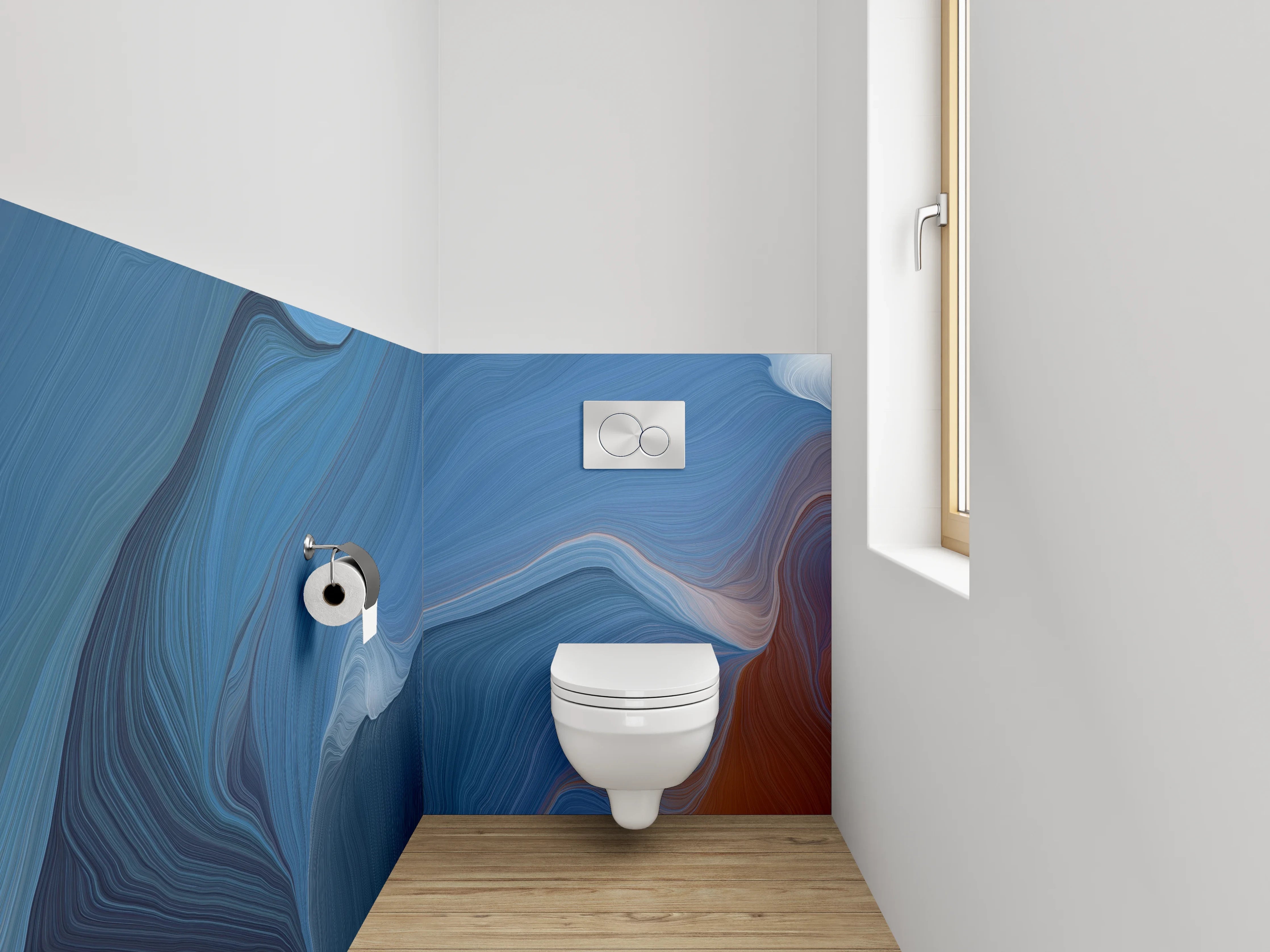 WC-Rückwand - Blau-Graue Marmorschleier auf Weiß