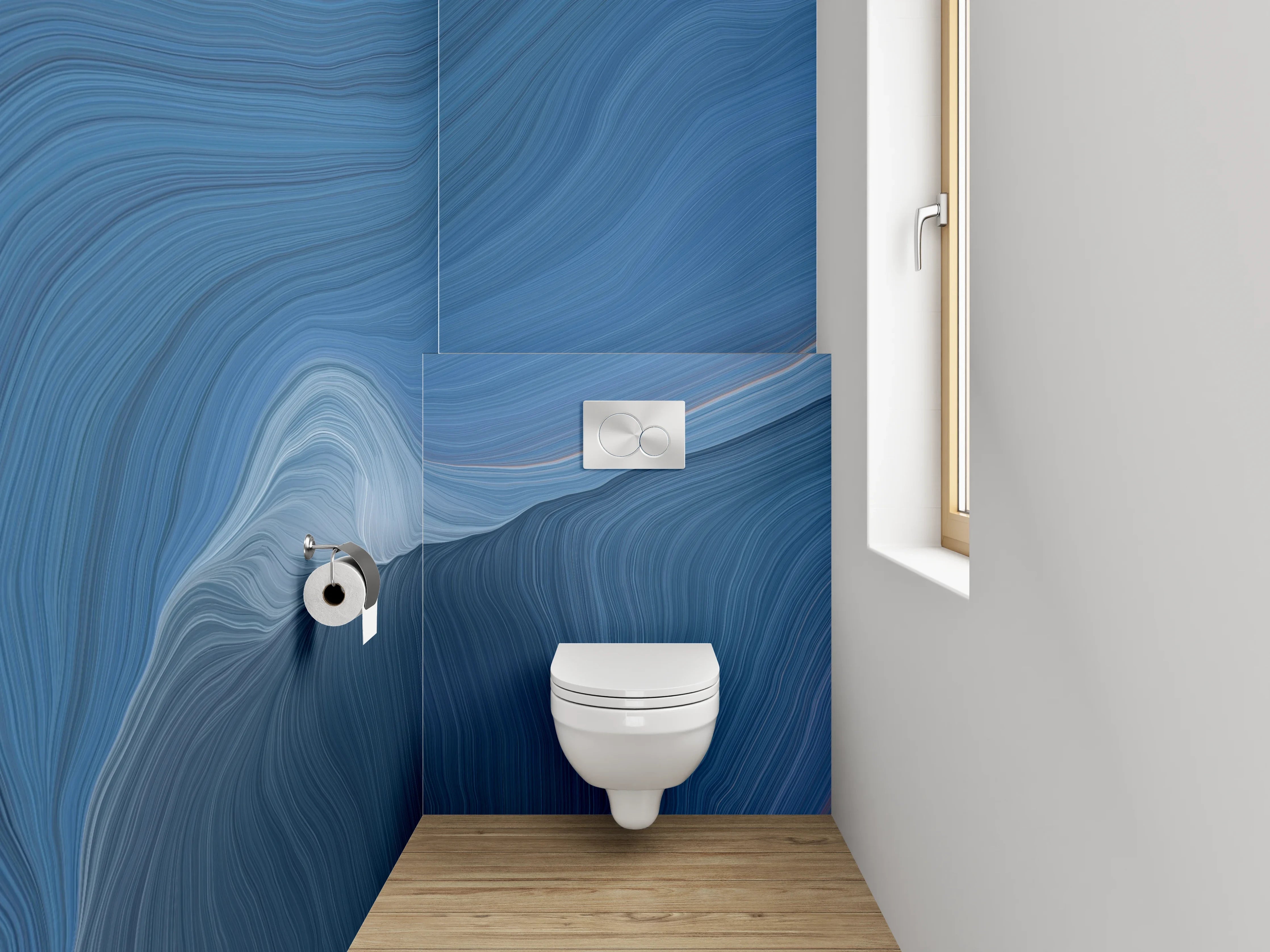 WC-Rückwand - Blau-Graue Marmorschleier auf Weiß