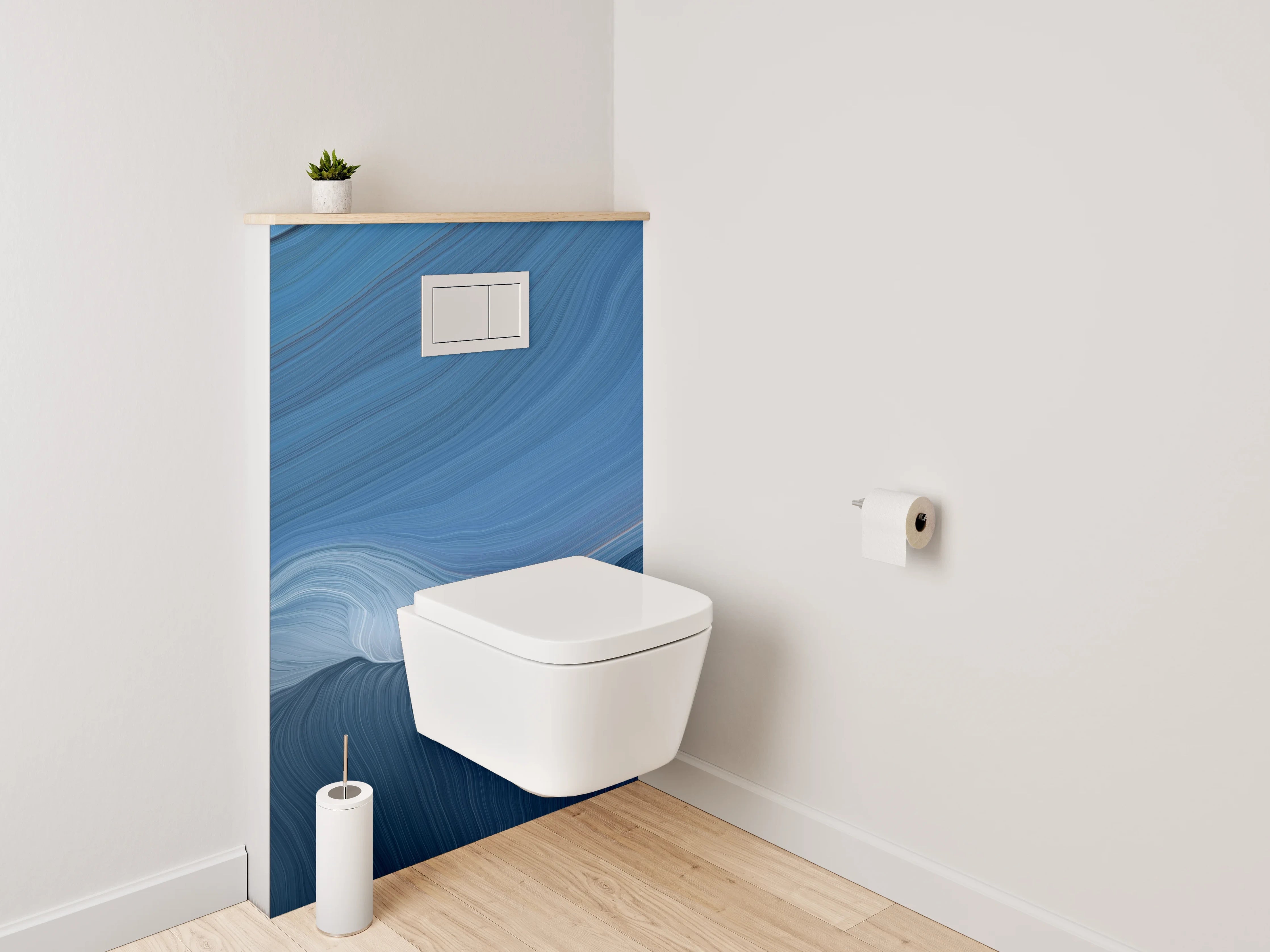 WC-Rückwand - Blau-Graue Marmorschleier auf Weiß