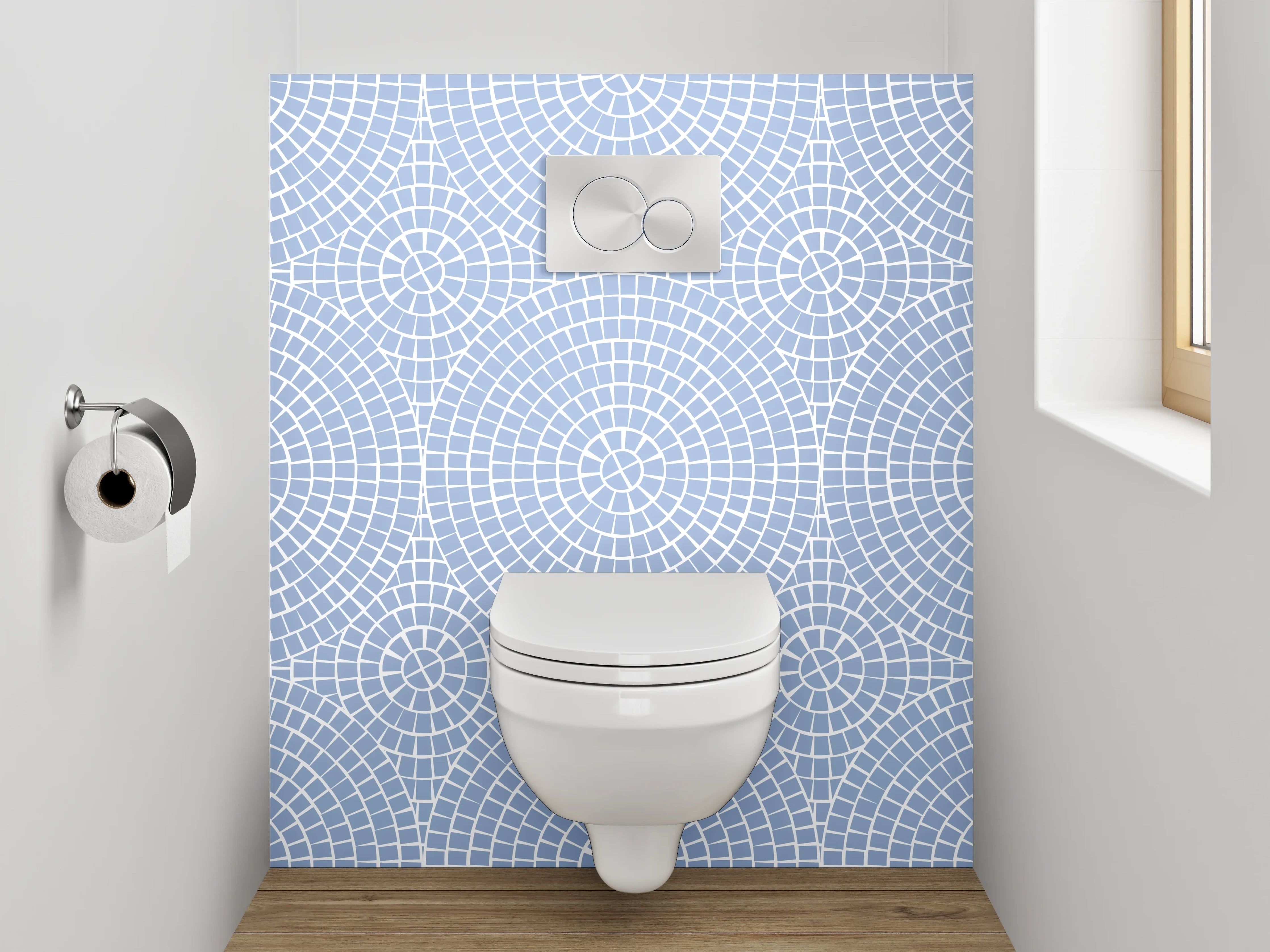 WC-Rückwand - Blau-Graues Kreisornament mit Weiß