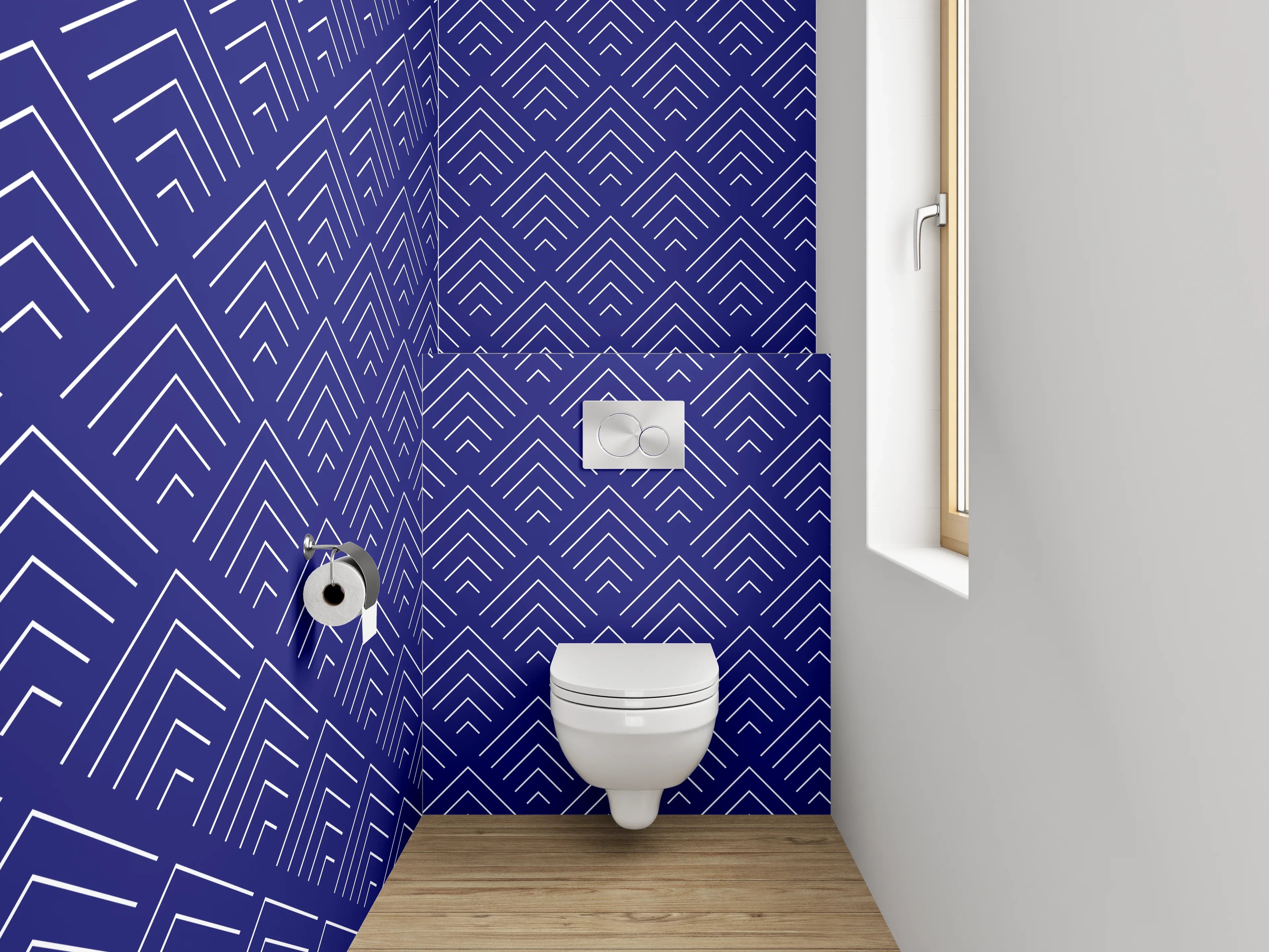 WC-Rückwand - Blau-Graues Linienmosaik auf Weiß