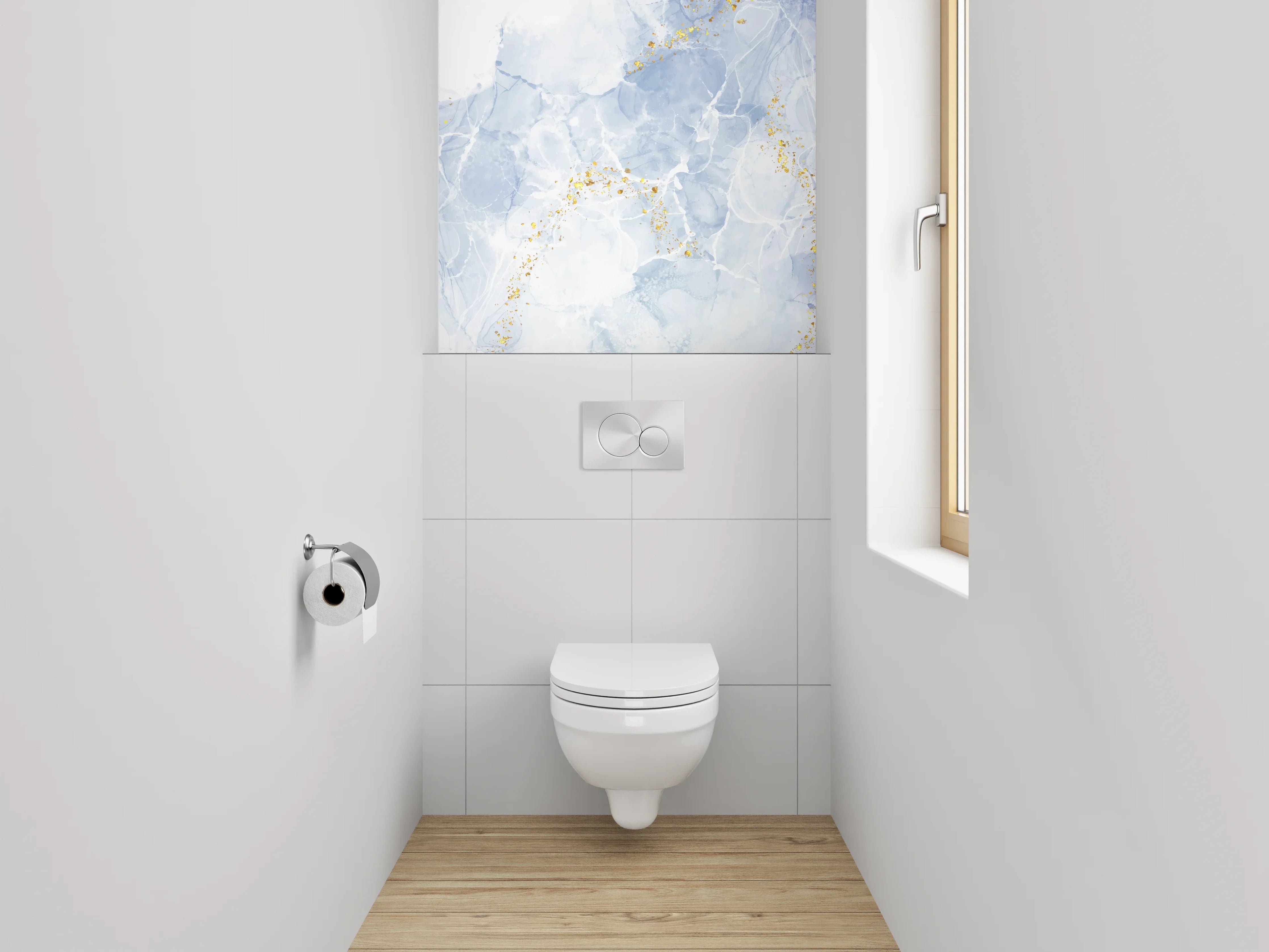 WC-Rückwand - Blau-Weiße Wasserfarbentechnik mit Goldakzenten