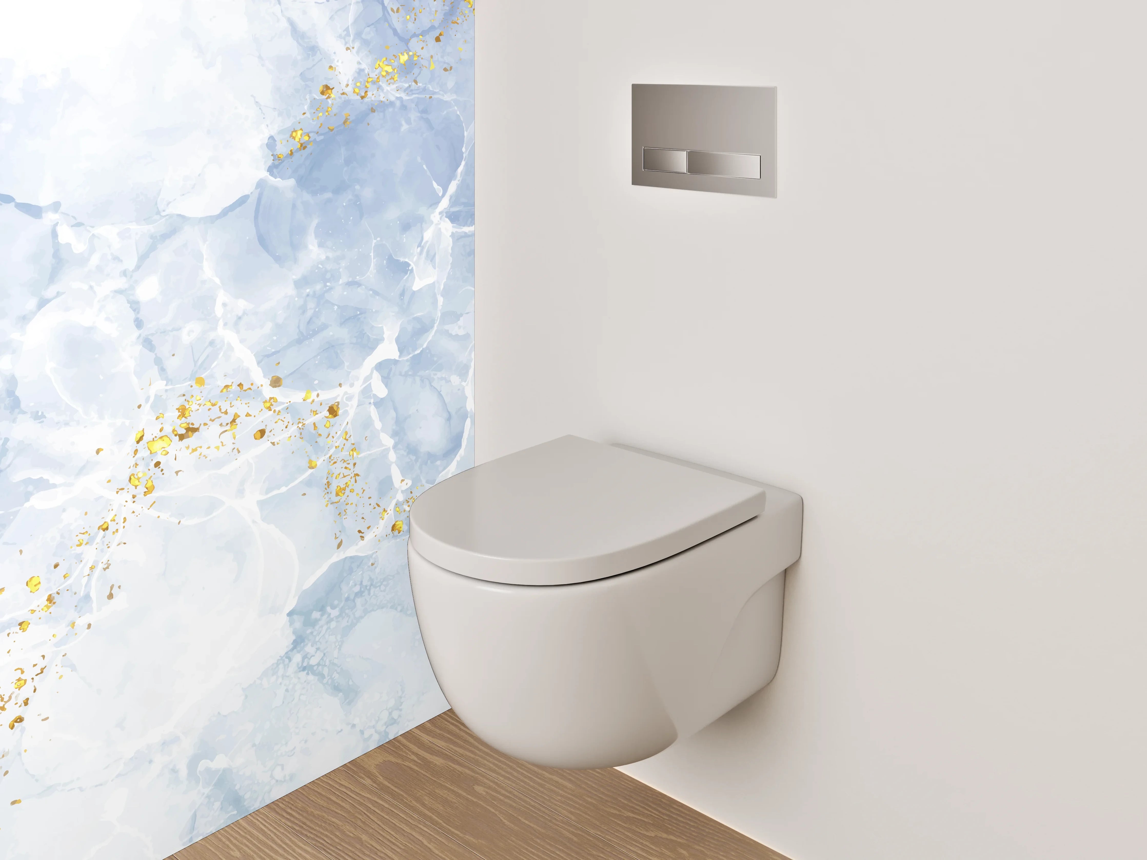 WC-Rückwand - Blau-Weiße Wasserfarbentechnik mit Goldakzenten