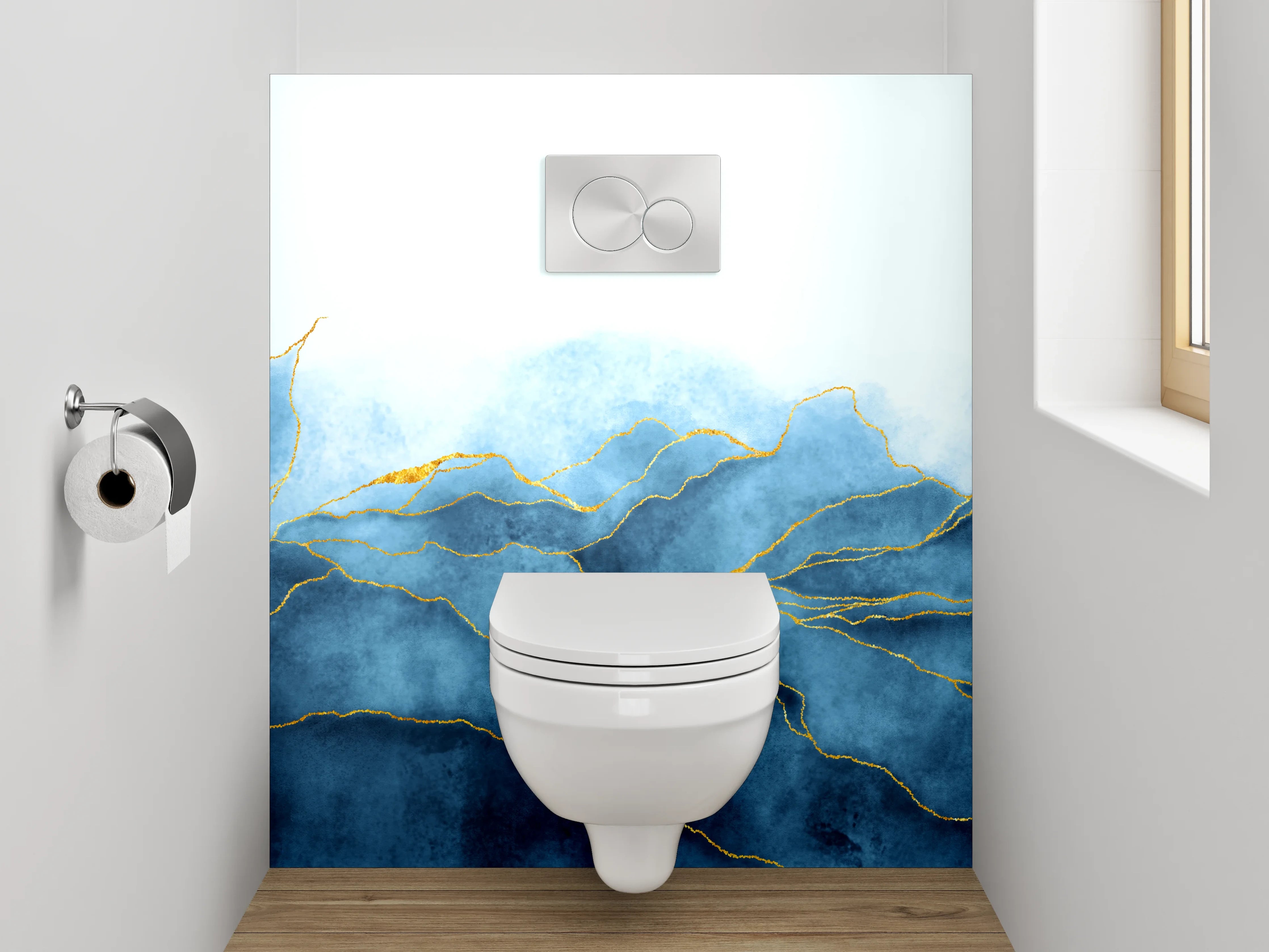 WC-Rückwand - Blau-goldenes Aquarell-Design