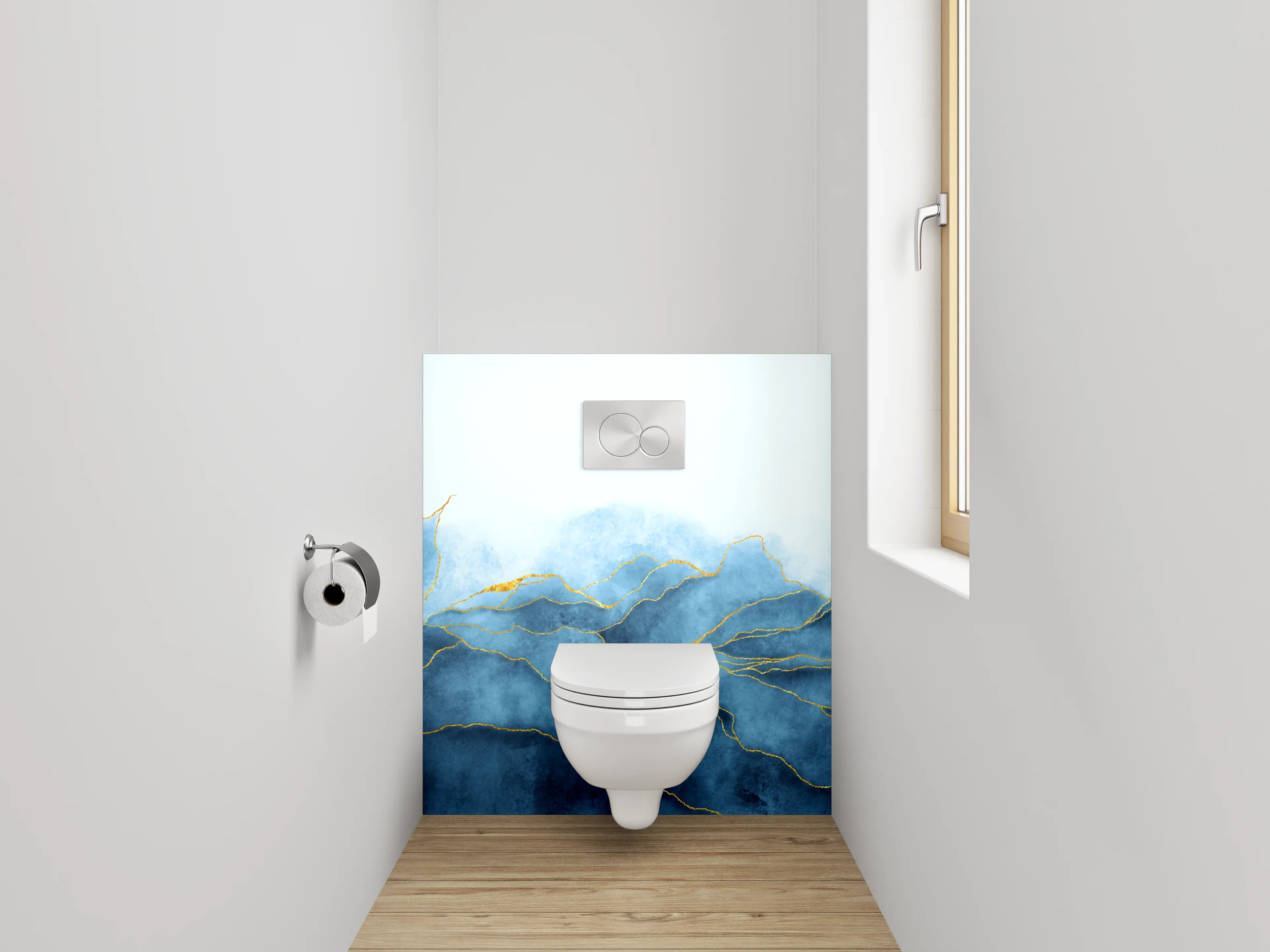 WC-Rückwand - Blau-goldenes Aquarell-Design