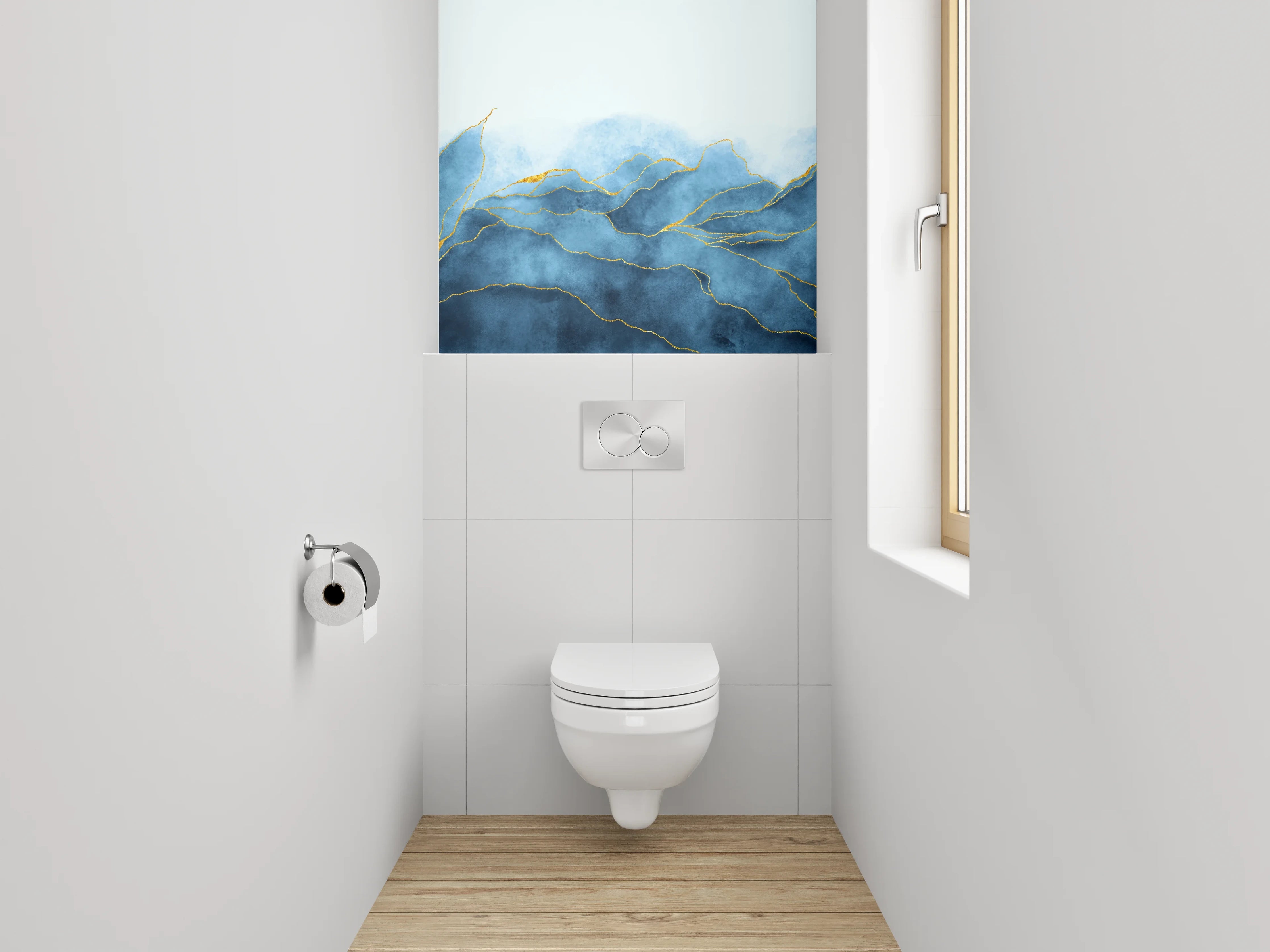 WC-Rückwand - Blau-goldenes Aquarell-Design