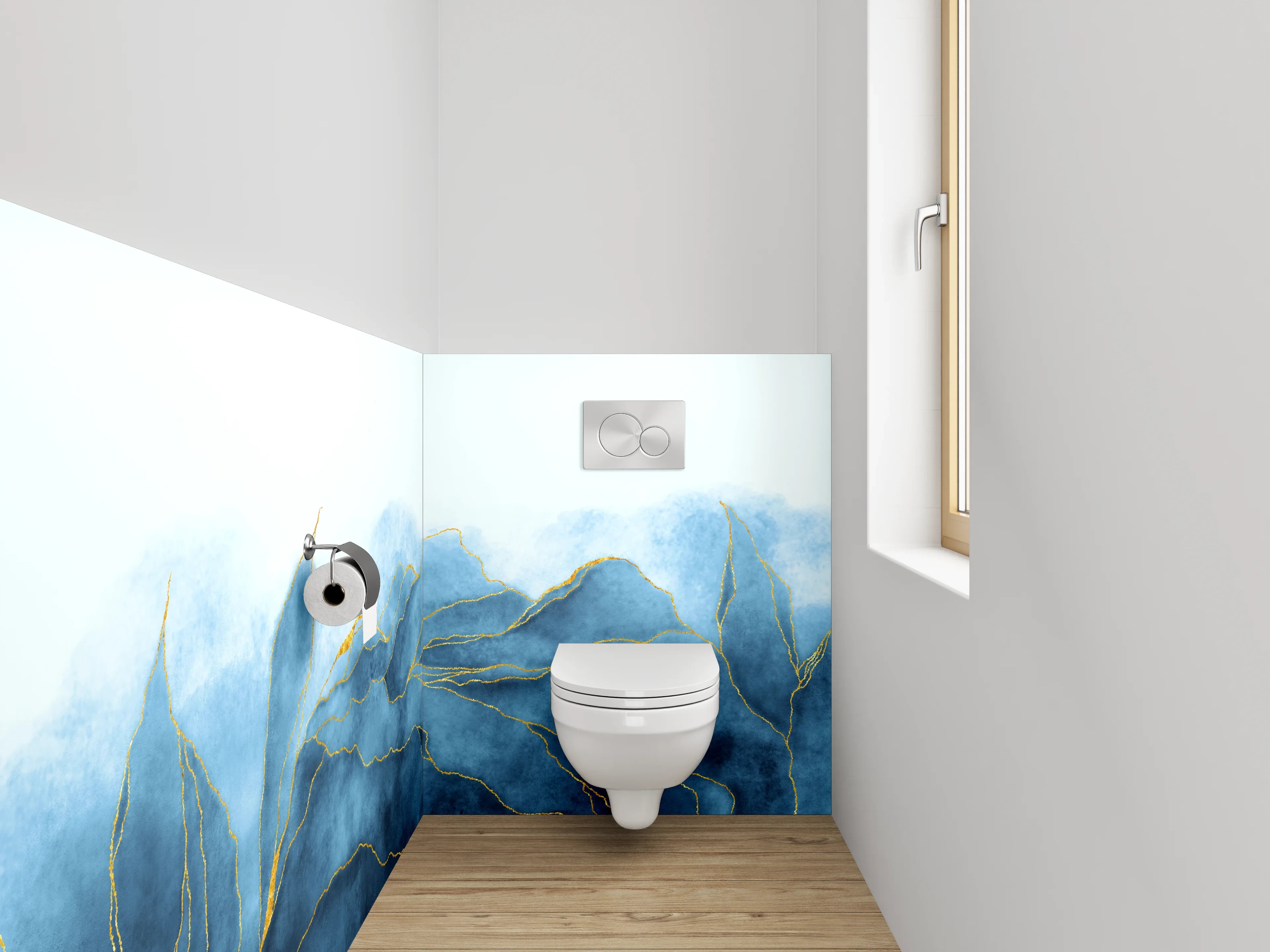 WC-Rückwand - Blau-goldenes Aquarell-Design