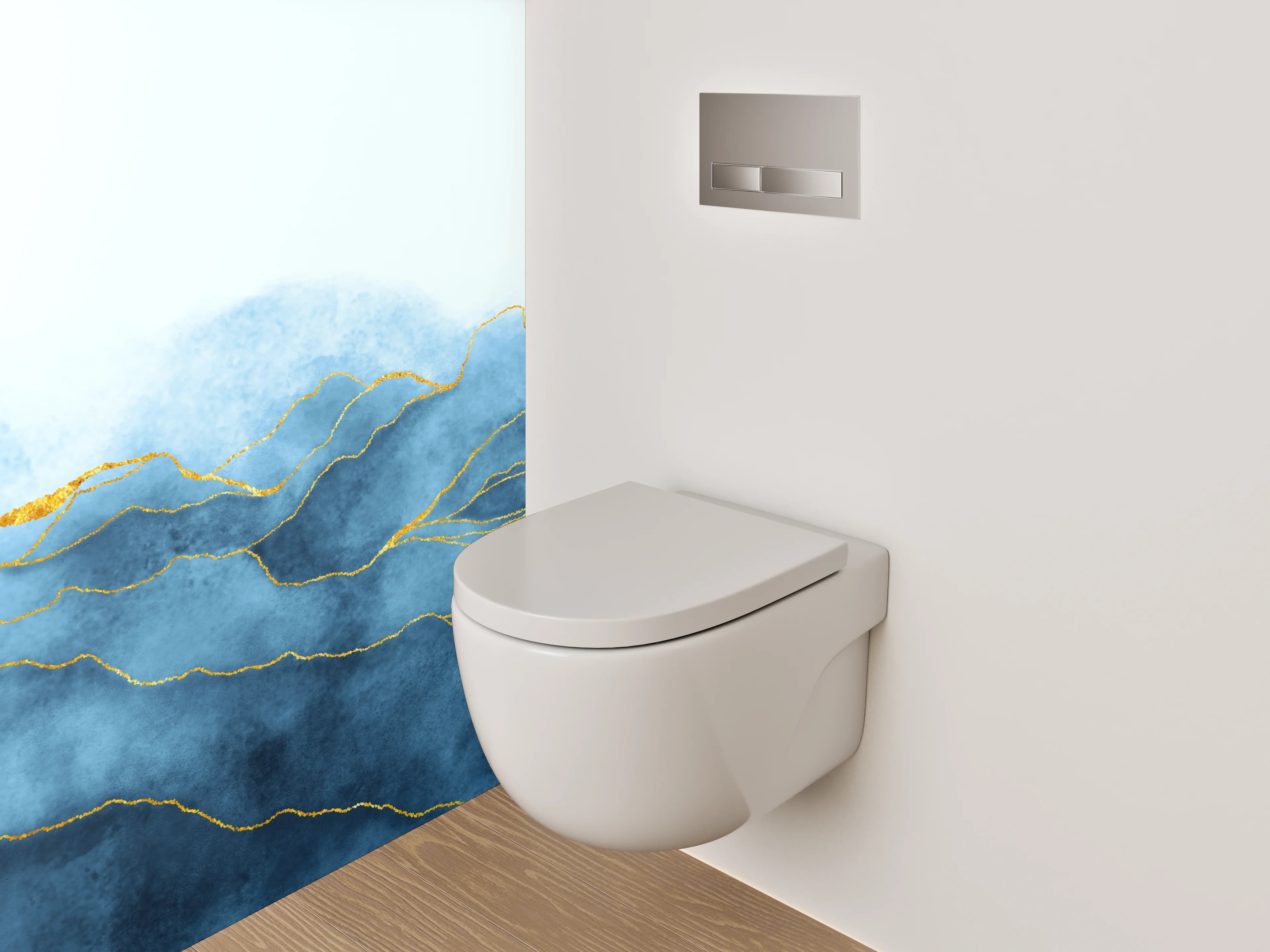 WC-Rückwand - Blau-goldenes Aquarell-Design