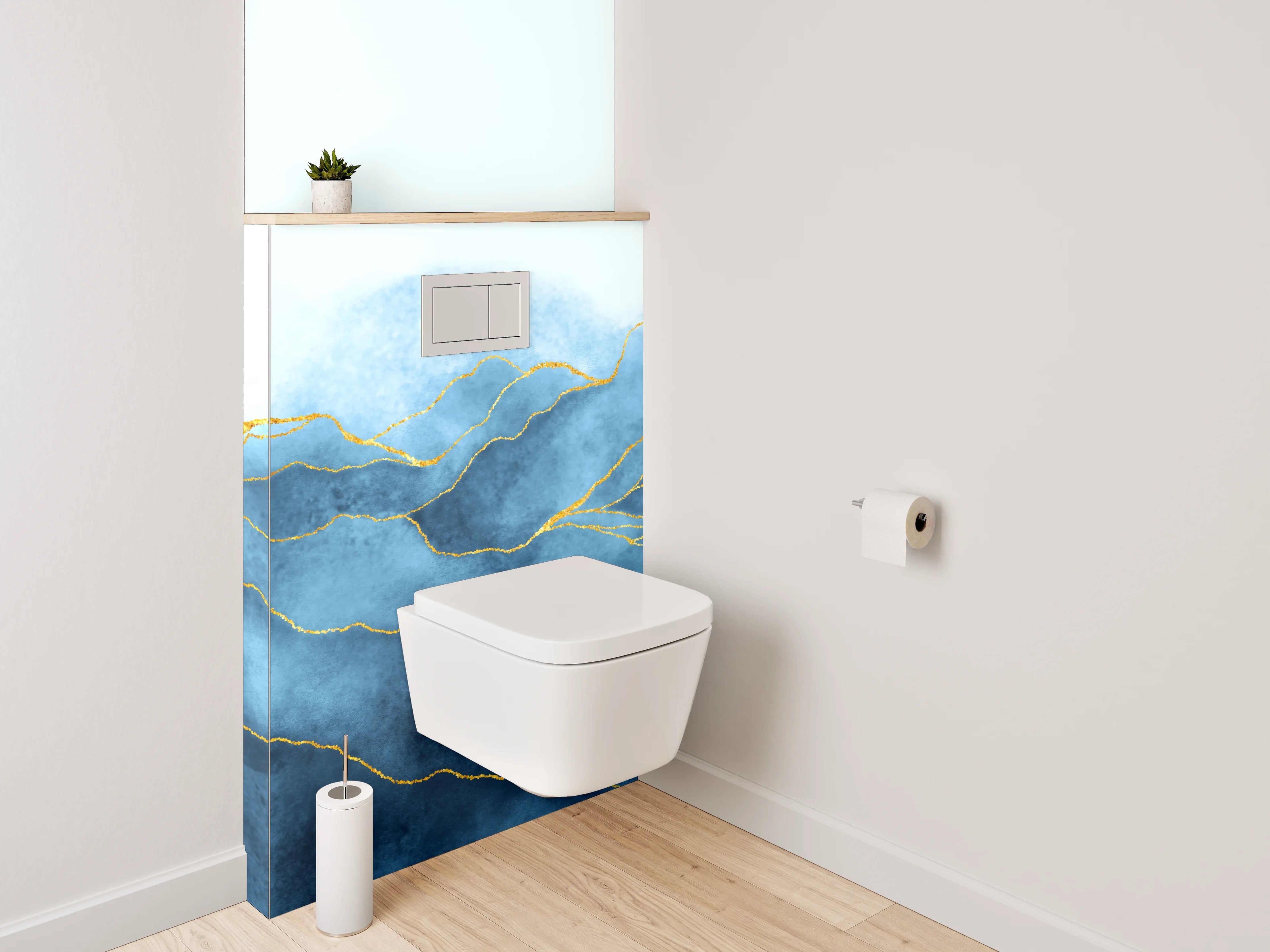 WC-Rückwand - Blau-goldenes Aquarell-Design