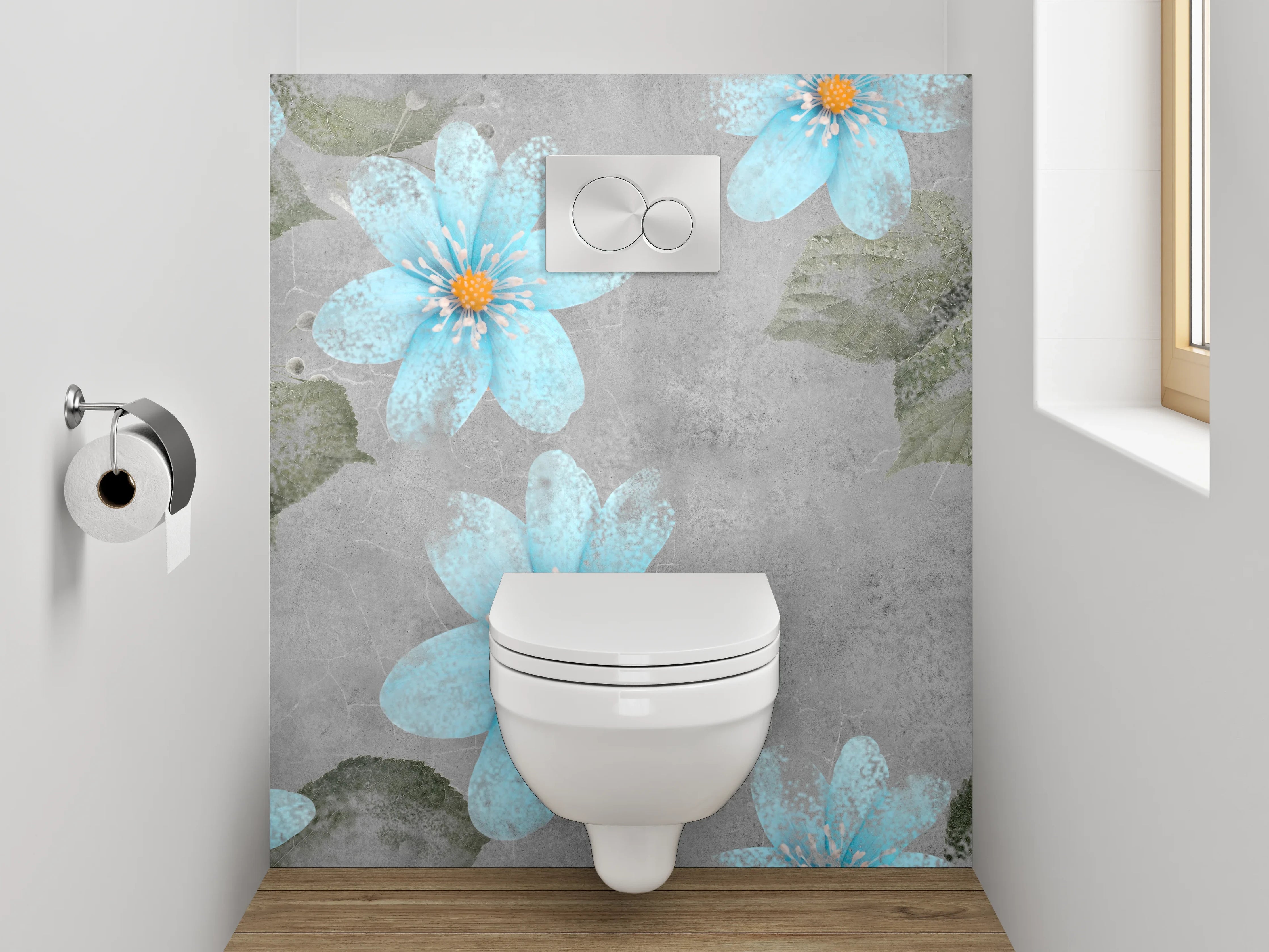 WC-Rückwand - Blau-graue Blumen Aquarell auf Beton