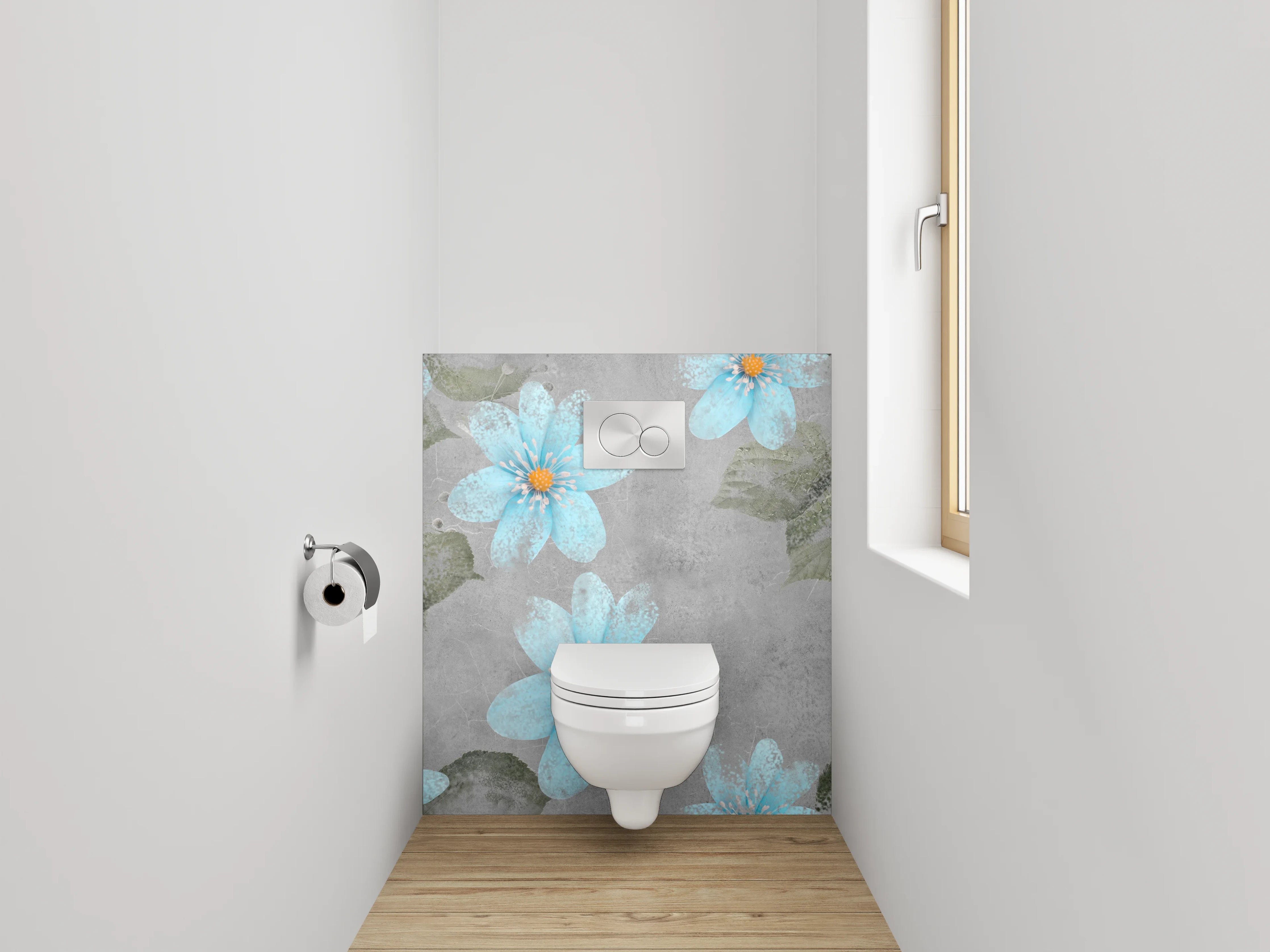 WC-Rückwand - Blau-graue Blumen Aquarell auf Beton