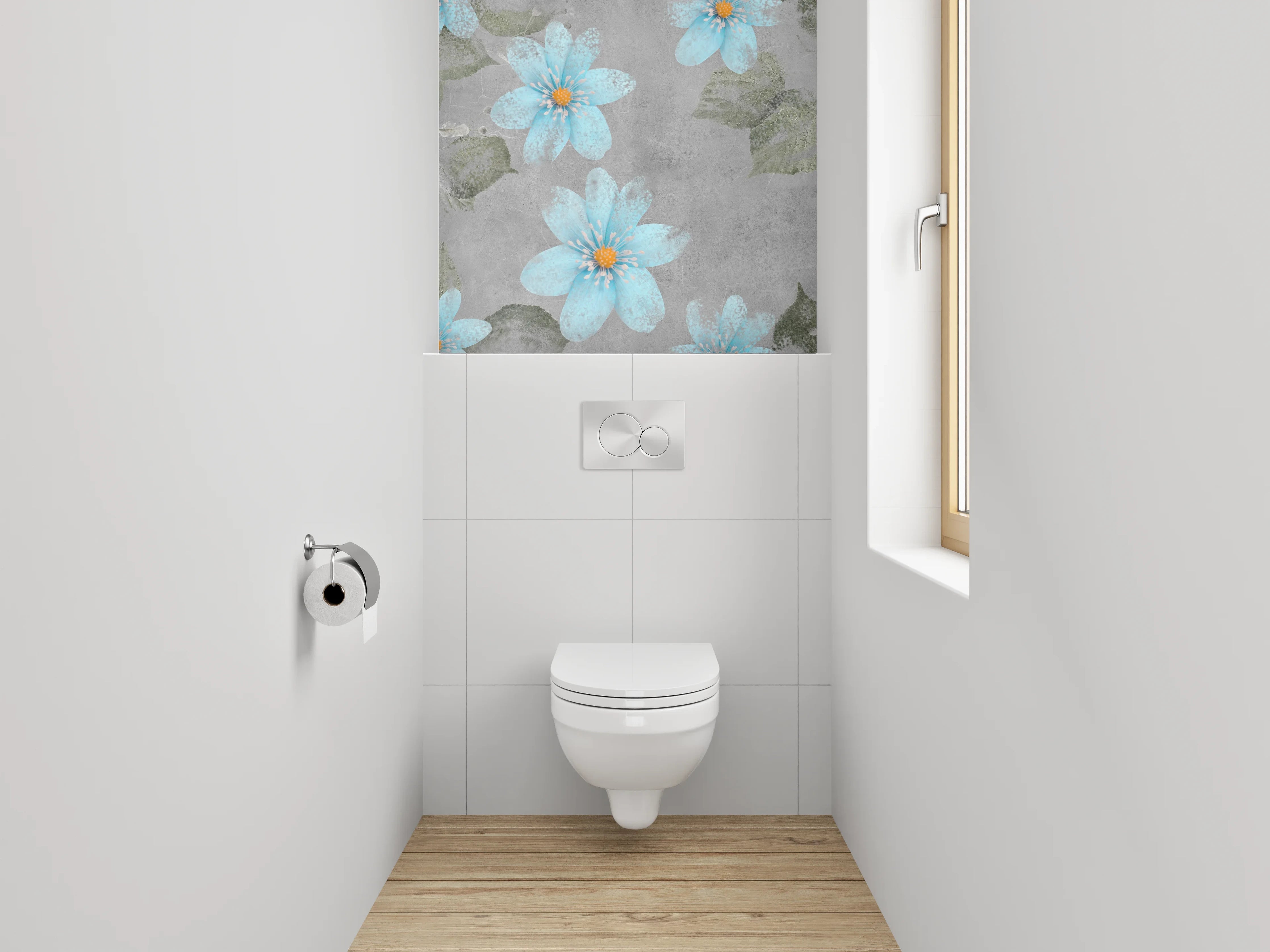 WC-Rückwand - Blau-graue Blumen Aquarell auf Beton