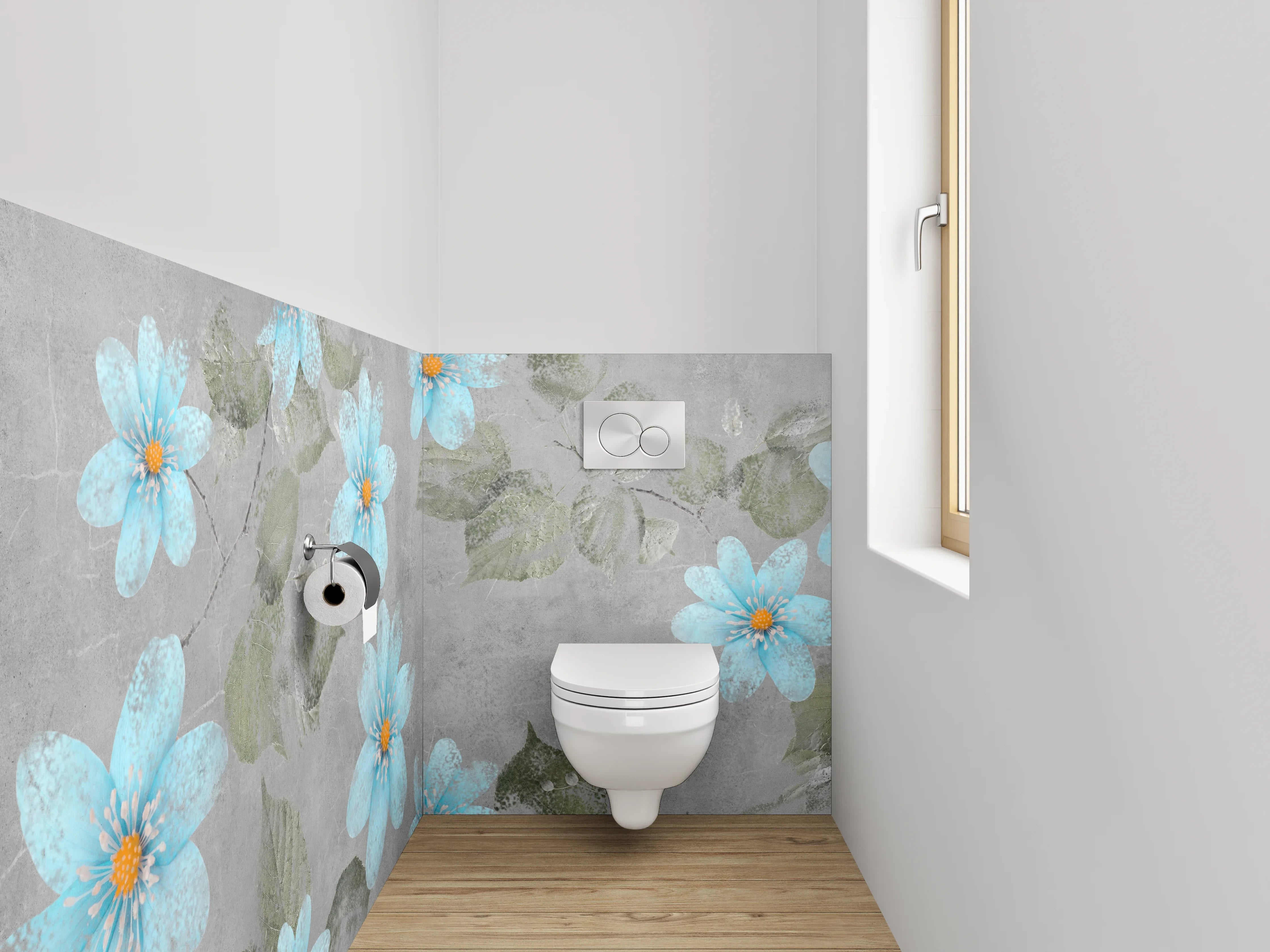 WC-Rückwand - Blau-graue Blumen Aquarell auf Beton