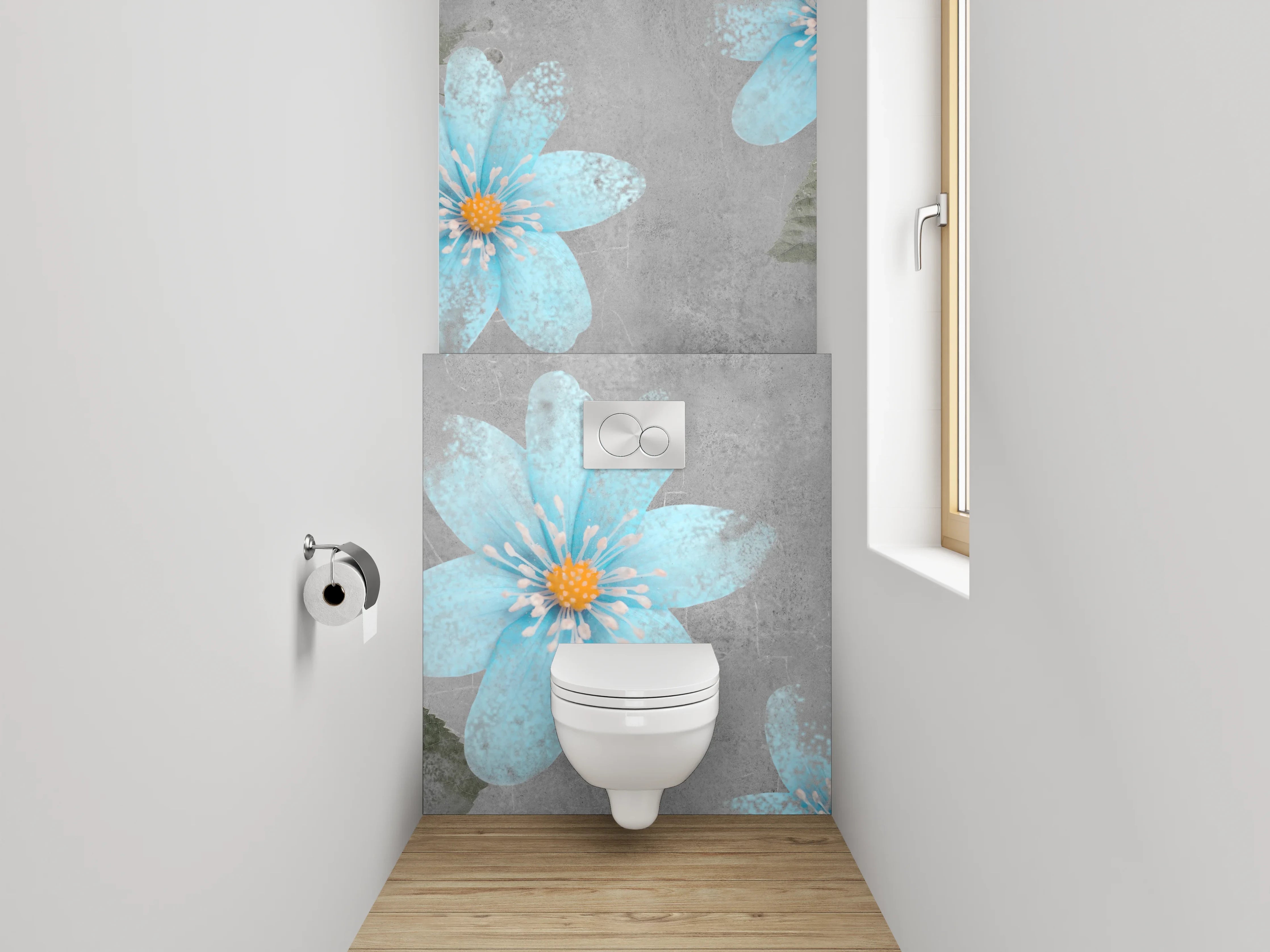 WC-Rückwand - Blau-graue Blumen Aquarell auf Beton