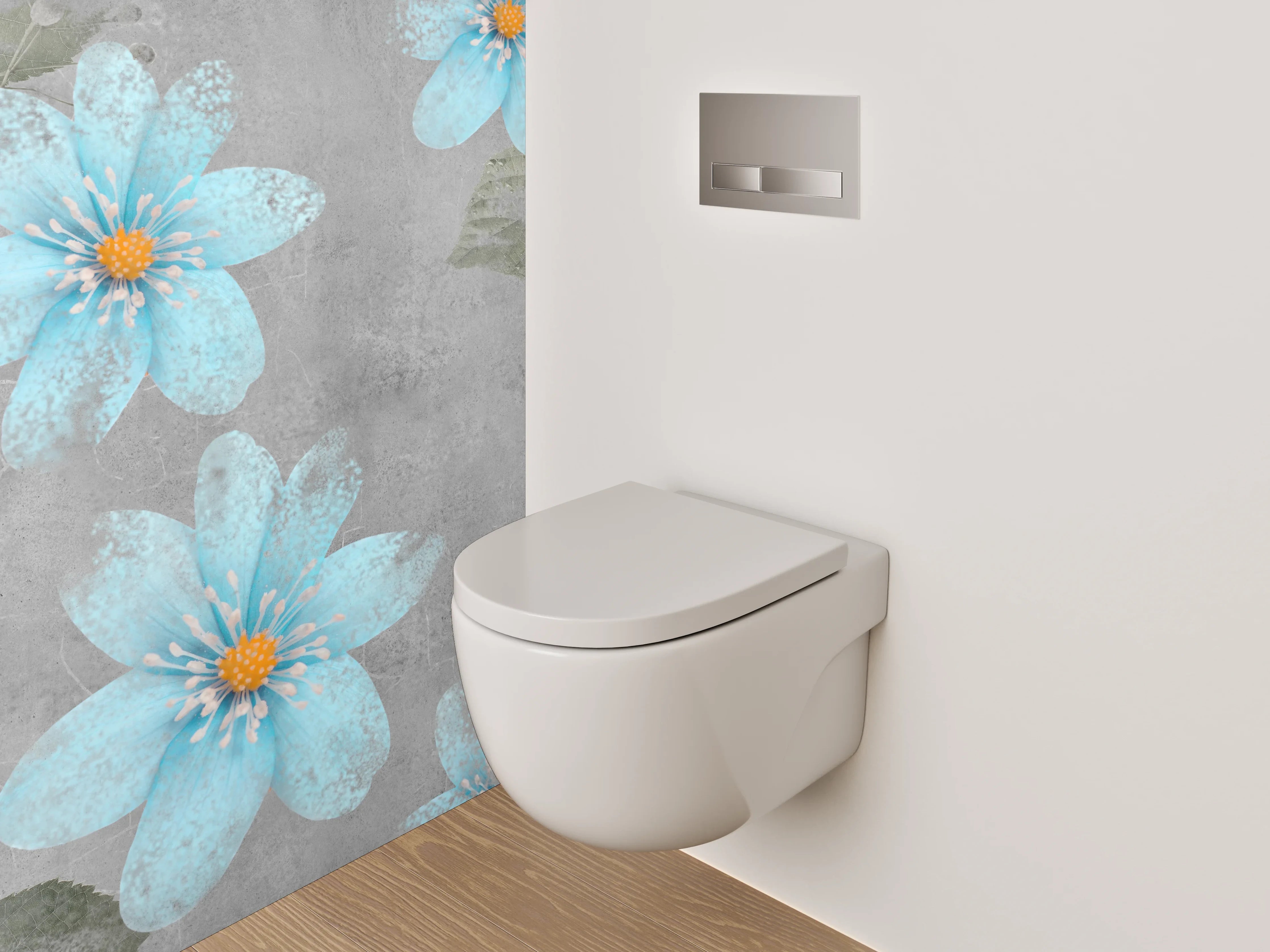 WC-Rückwand - Blau-graue Blumen Aquarell auf Beton