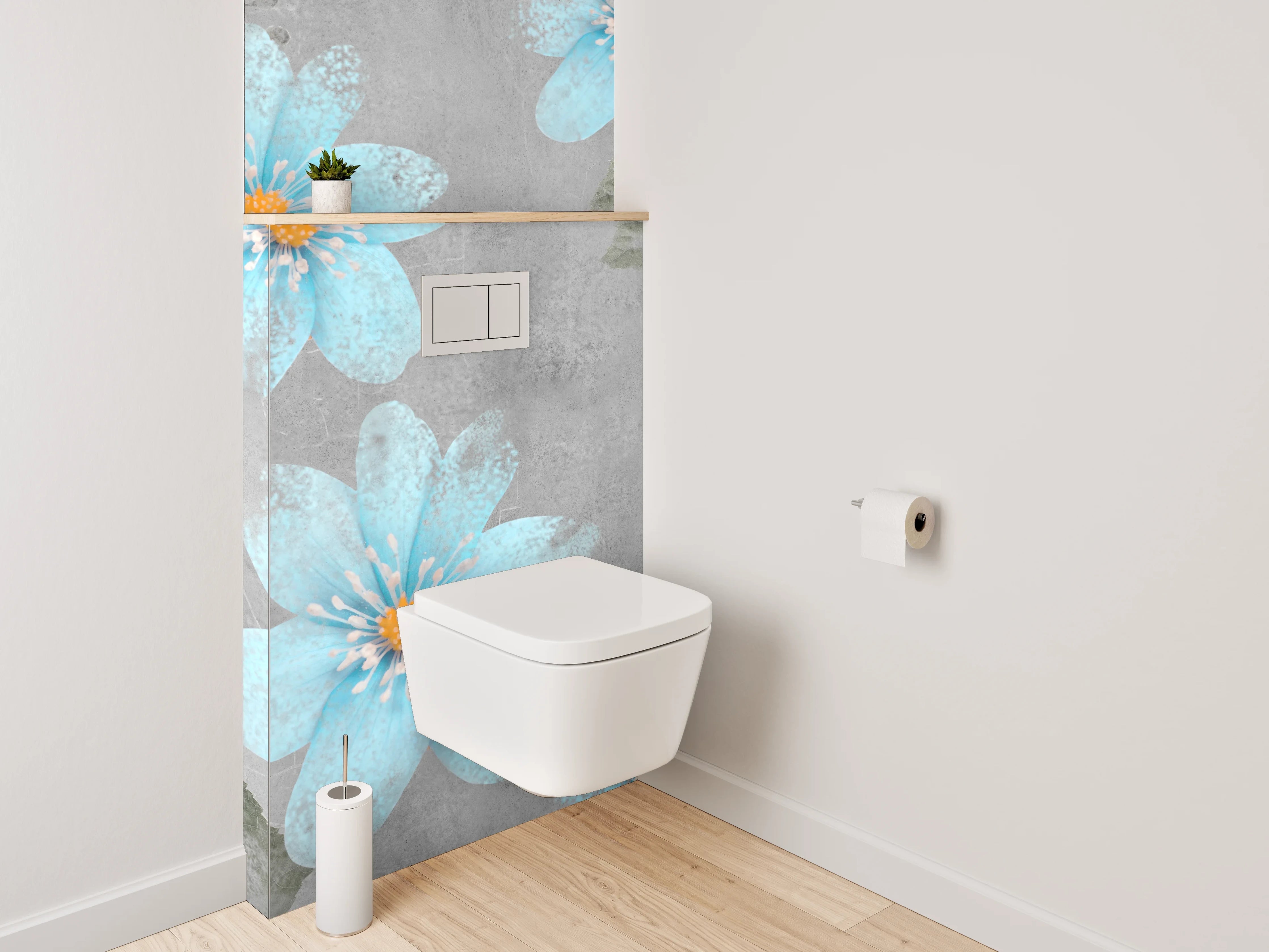 WC-Rückwand - Blau-graue Blumen Aquarell auf Beton