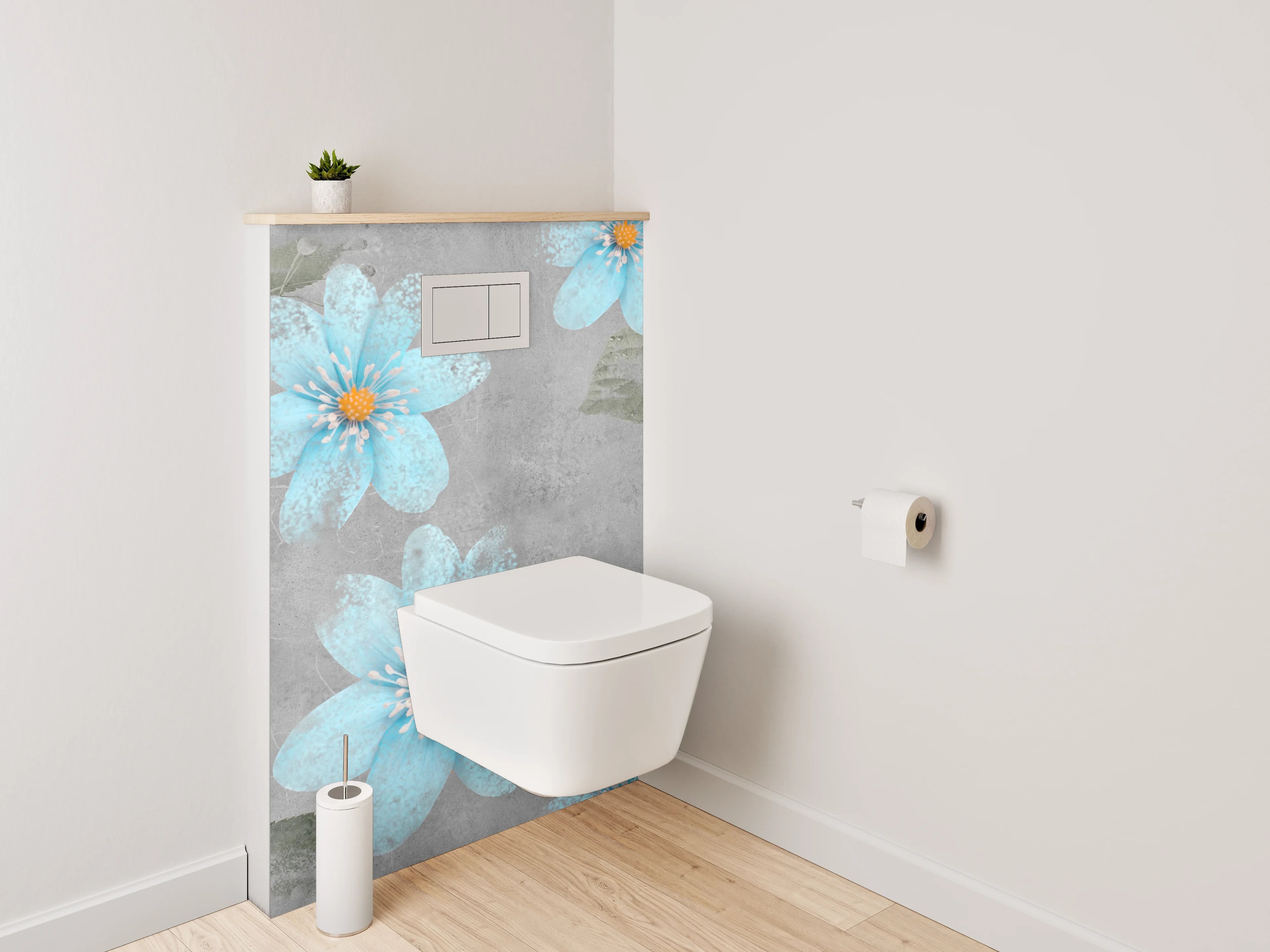 WC-Rückwand - Blau-graue Blumen Aquarell auf Beton