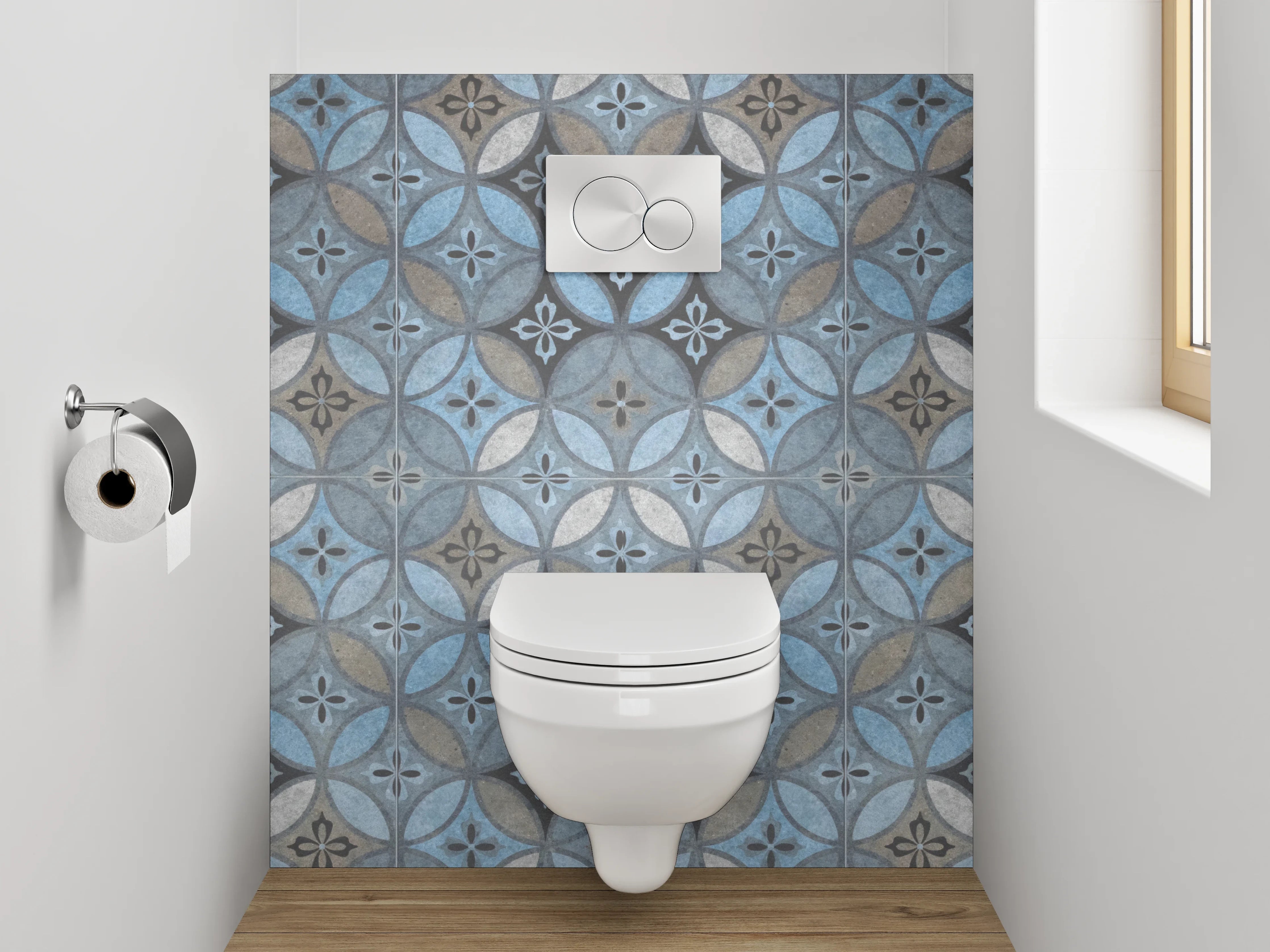 WC-Rückwand - Blau-graue Retrofliesen mit weißen Akzenten