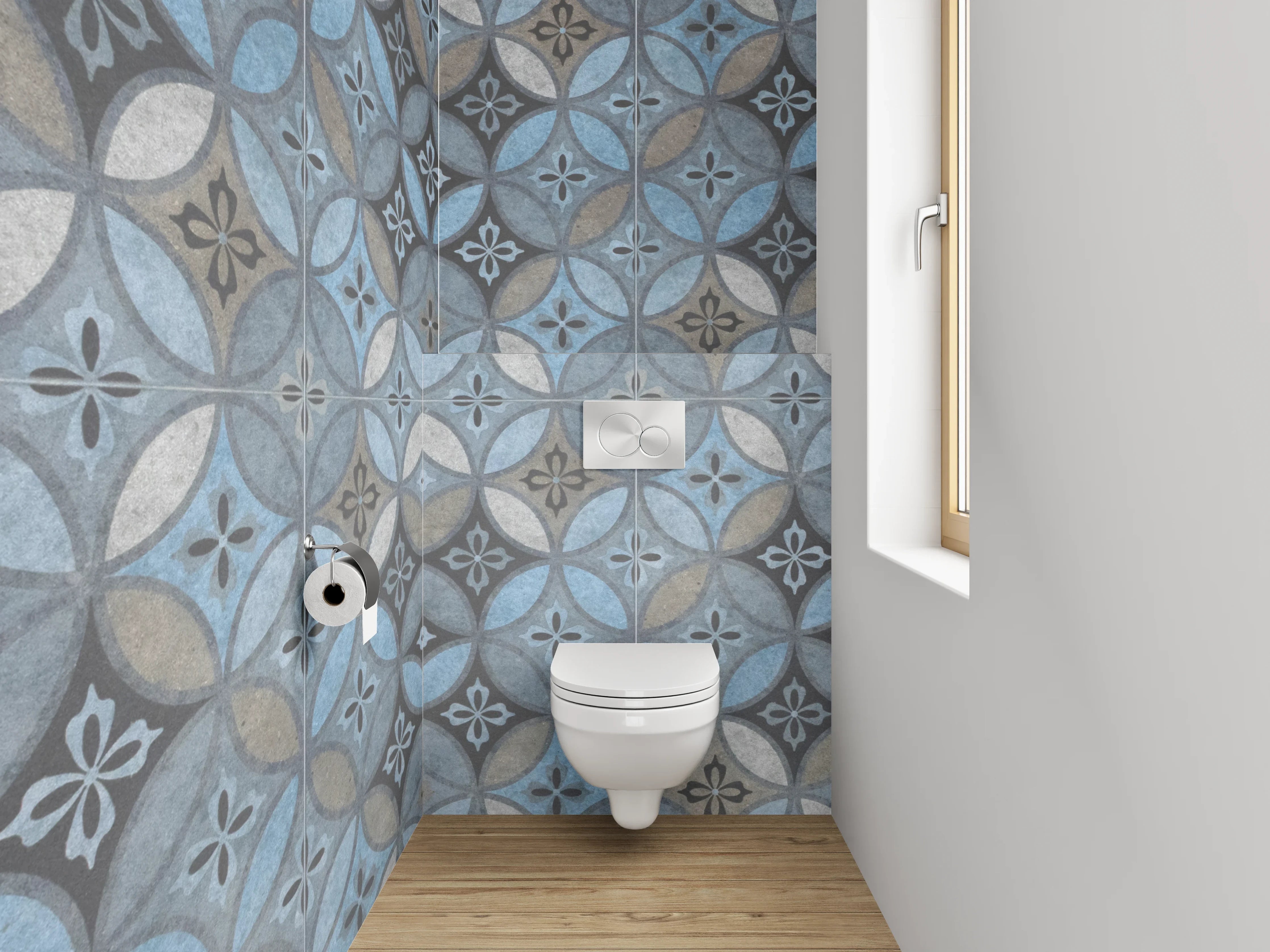 WC-Rückwand - Blau-graue Retrofliesen mit weißen Akzenten