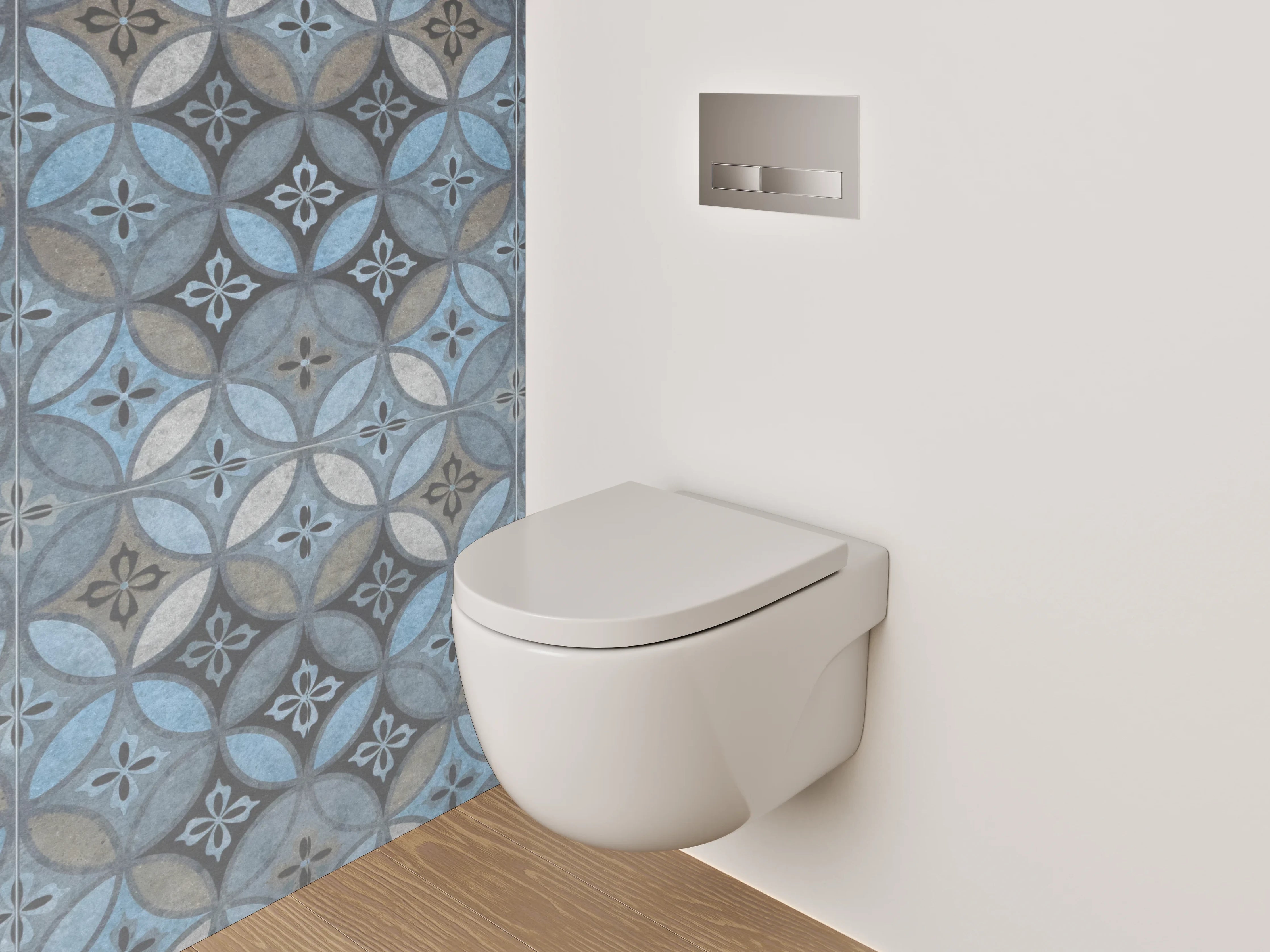 WC-Rückwand - Blau-graue Retrofliesen mit weißen Akzenten