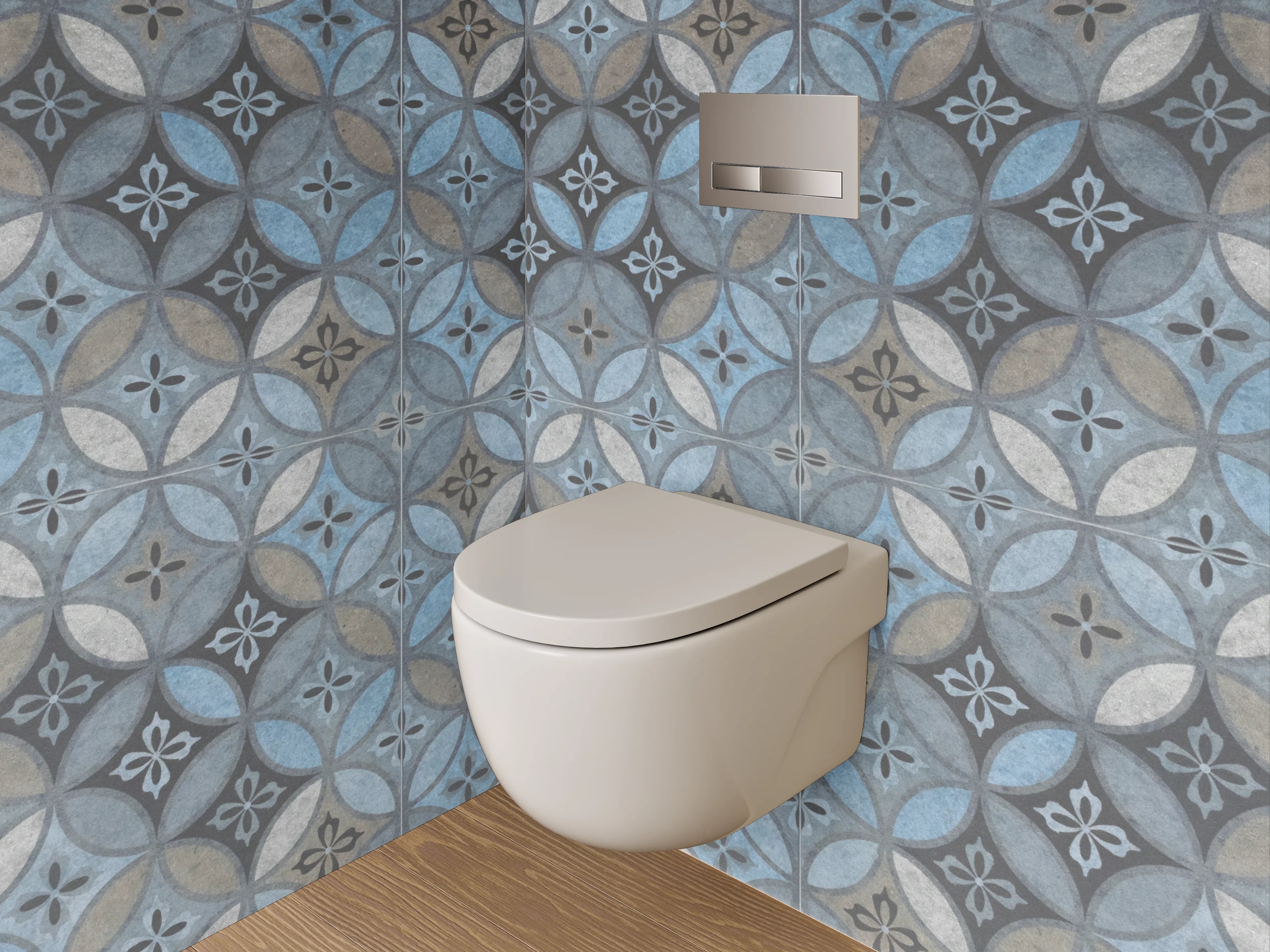 WC-Rückwand - Blau-graue Retrofliesen mit weißen Akzenten