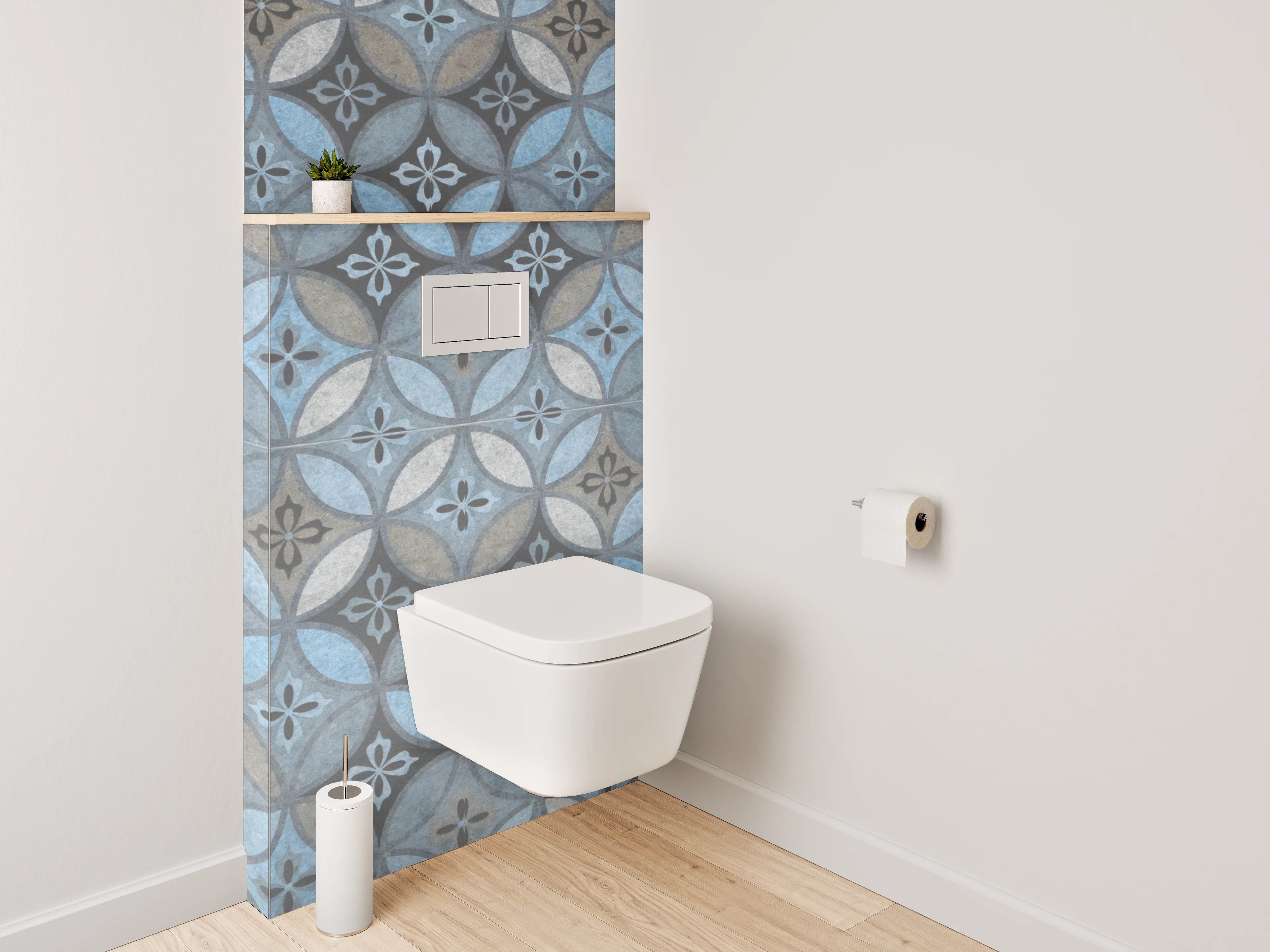 WC-Rückwand - Blau-graue Retrofliesen mit weißen Akzenten