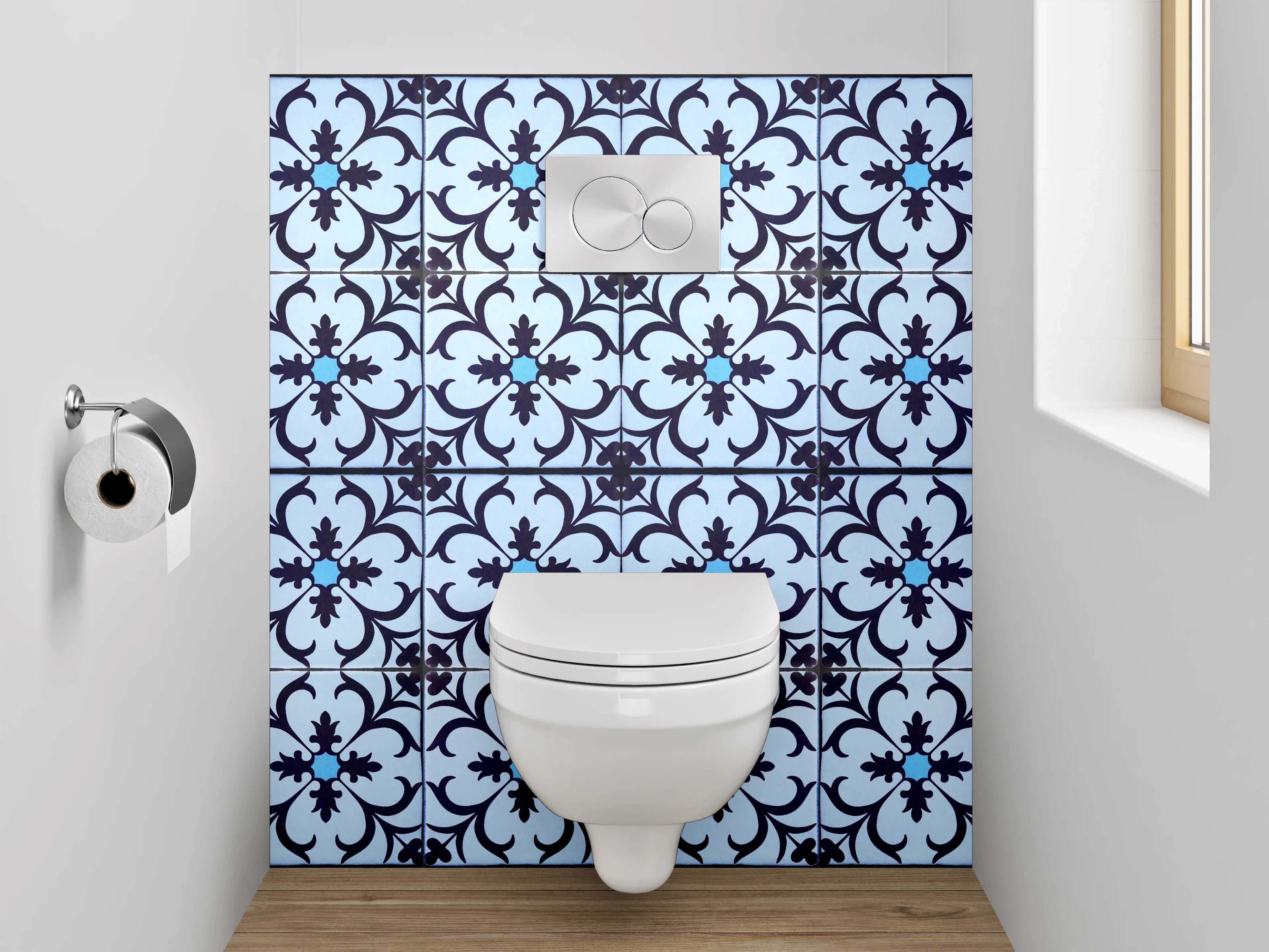 WC-Rückwand - Blau-graues Jugendstil-Ornament Muster